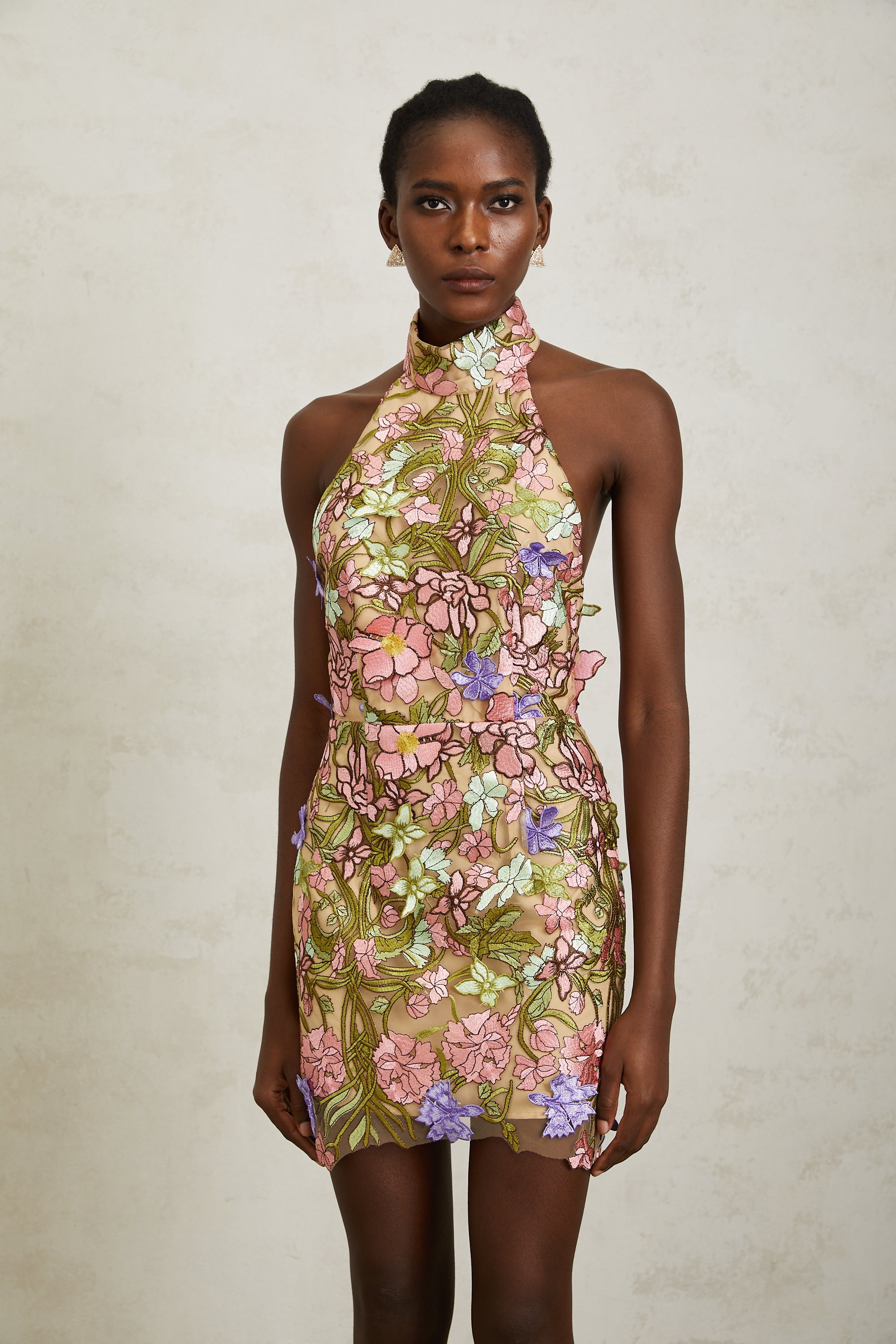 Consuelo Green Floral Embroidered Mesh Mini Dress