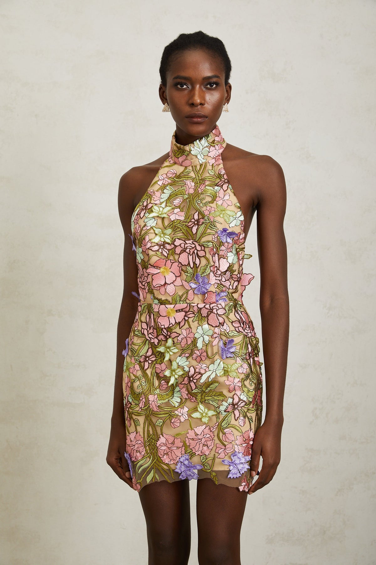 Consuelo Green Floral Embroidered Mesh Mini Dress