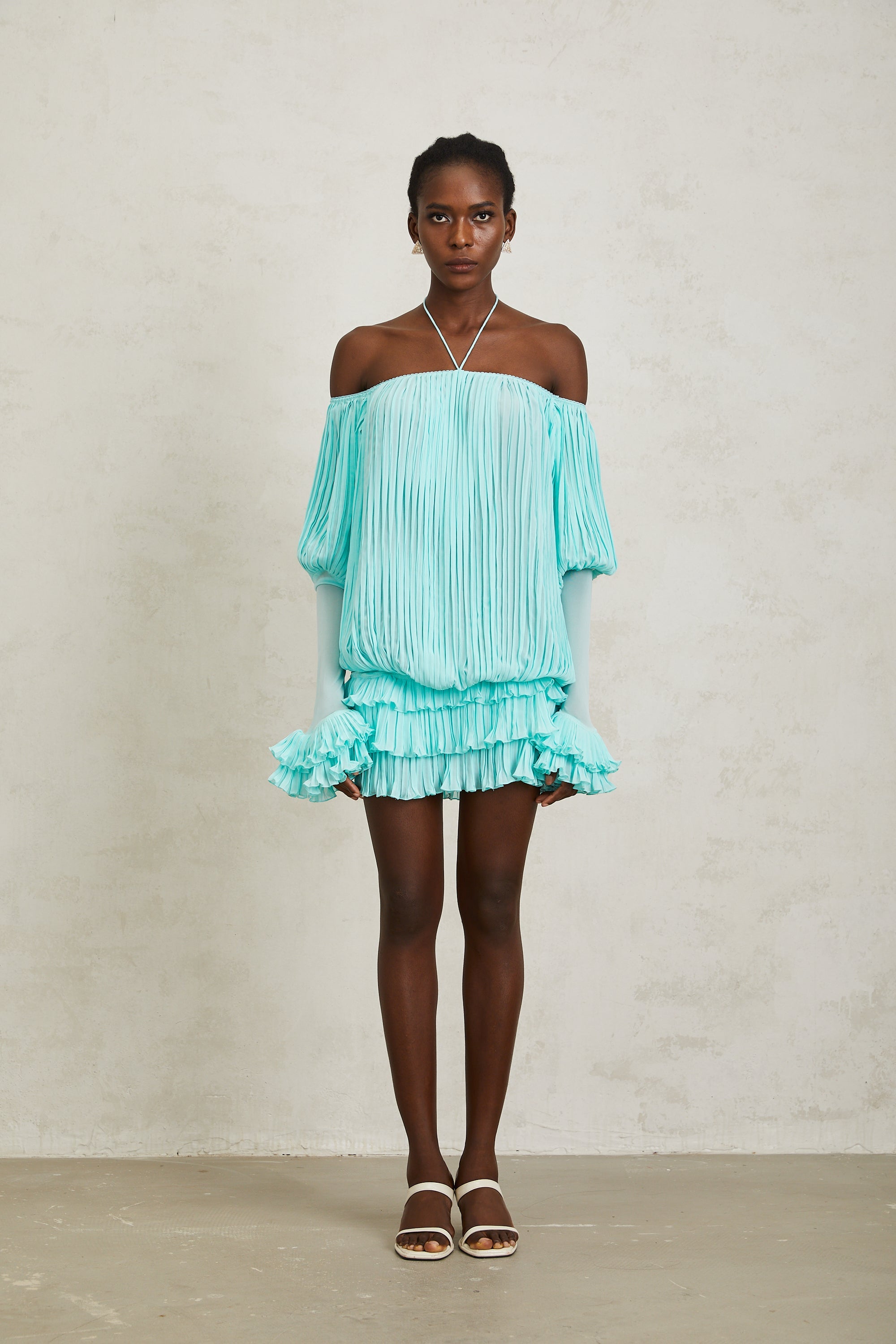 Gisèle Blue Off Shoulder Pleated Mini Dress