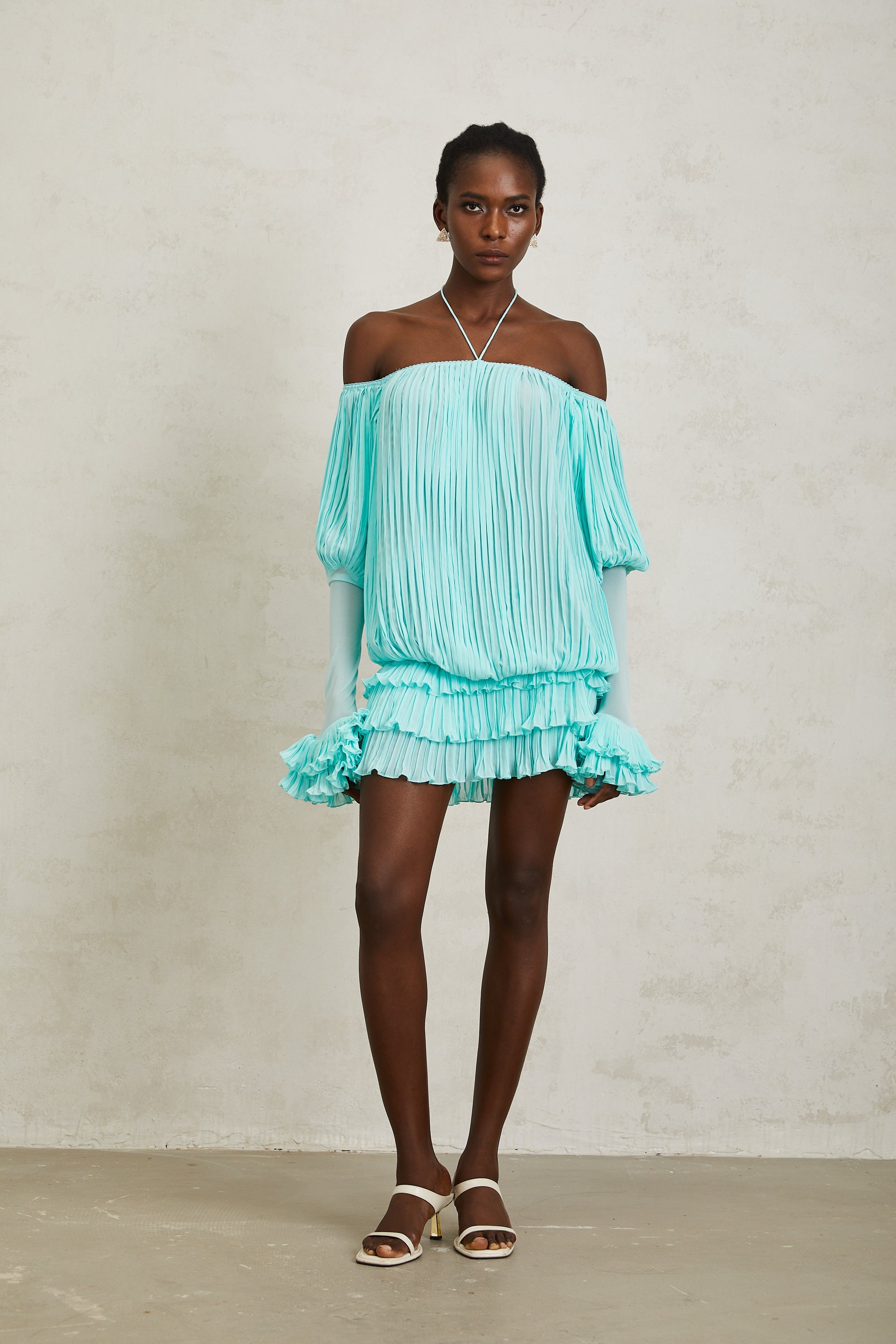 Gisèle Blue Off Shoulder Pleated Mini Dress
