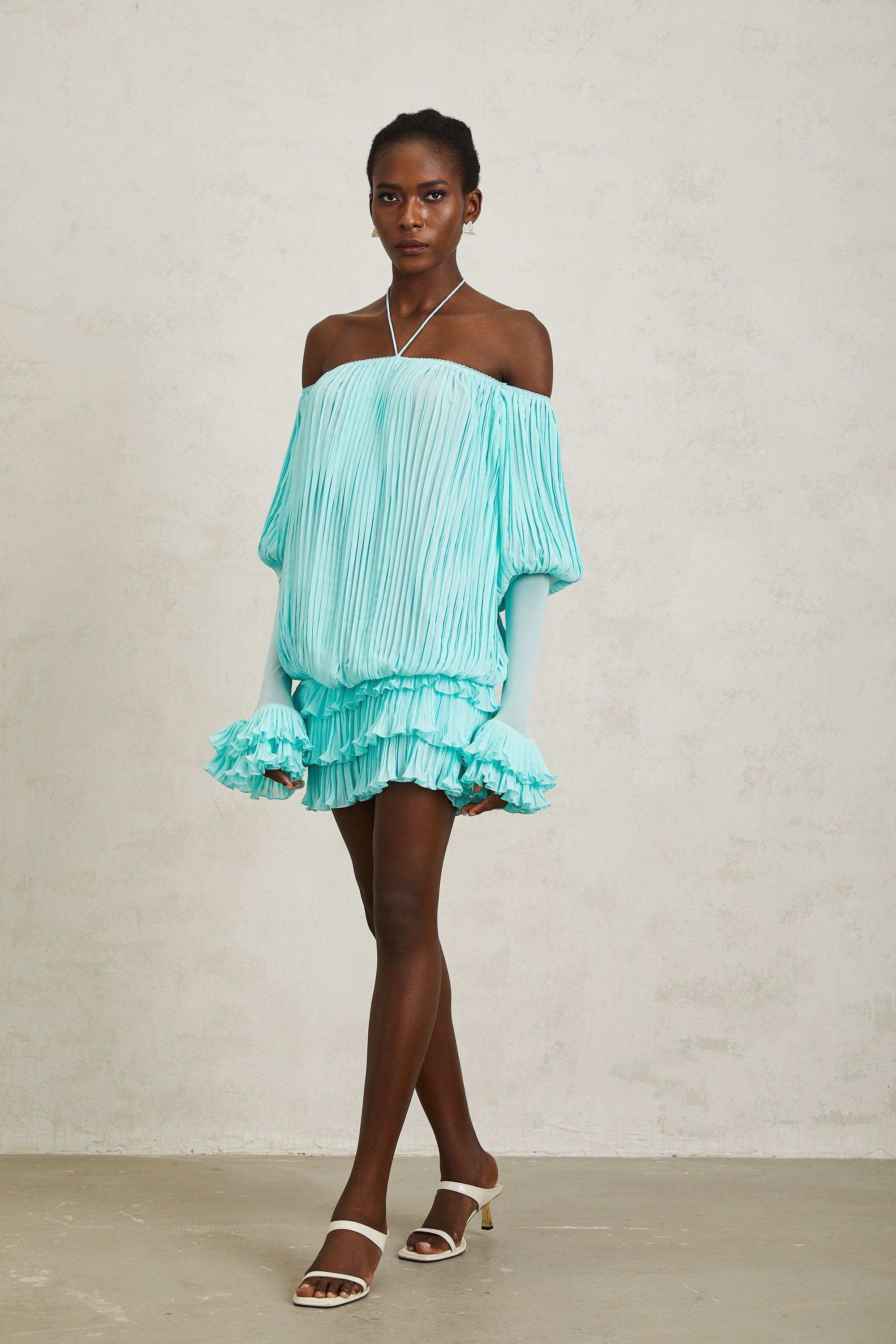 Gisèle Blue Off Shoulder Pleated Mini Dress