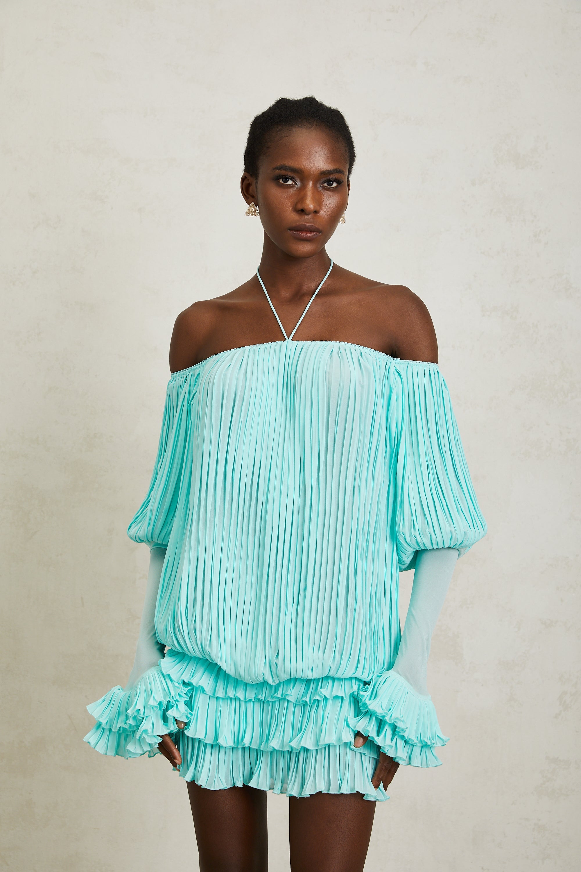 Gisèle Blue Off Shoulder Pleated Mini Dress