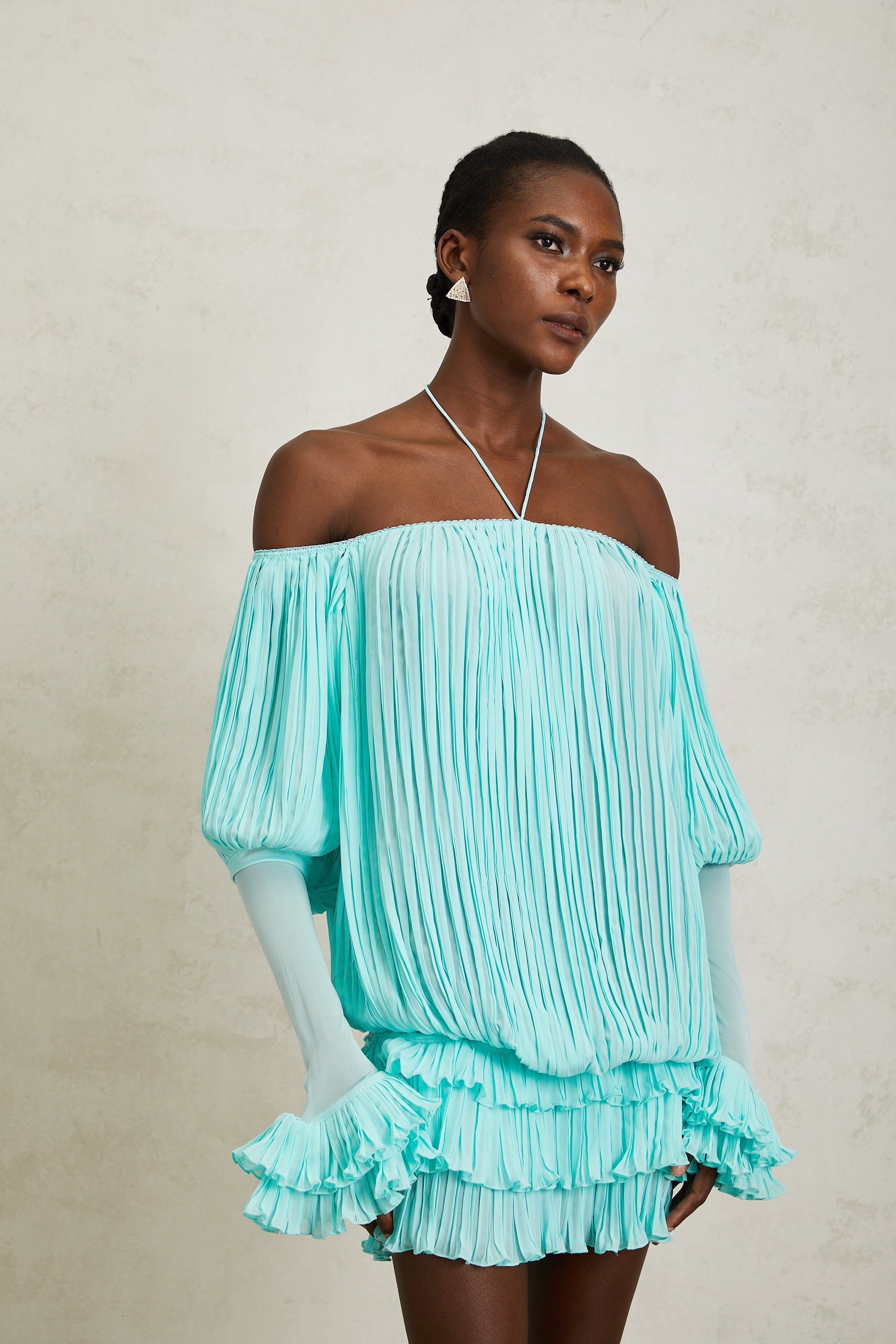 Gisèle Blue Off Shoulder Pleated Mini Dress