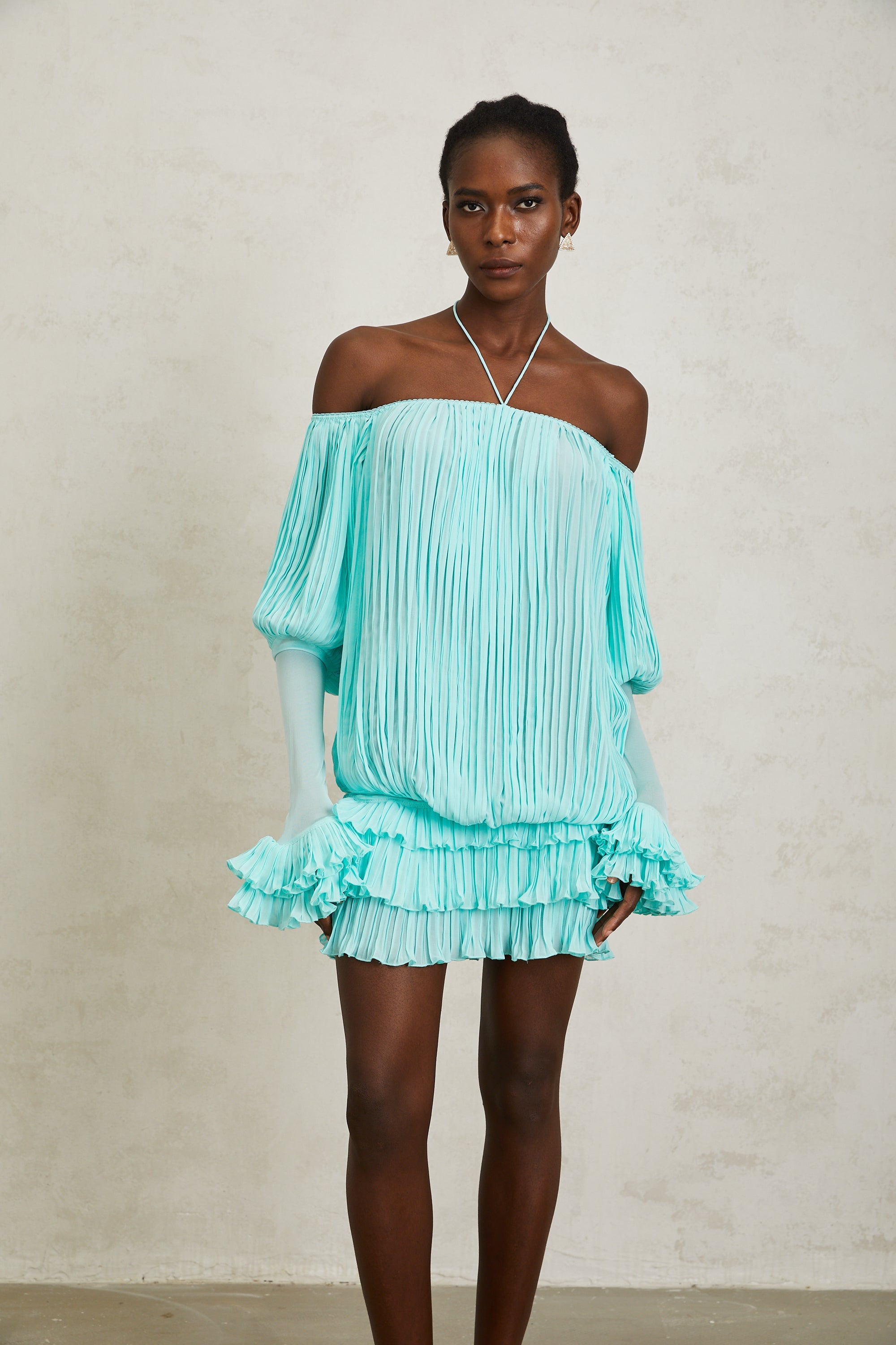 Gisèle Blue Off Shoulder Pleated Mini Dress