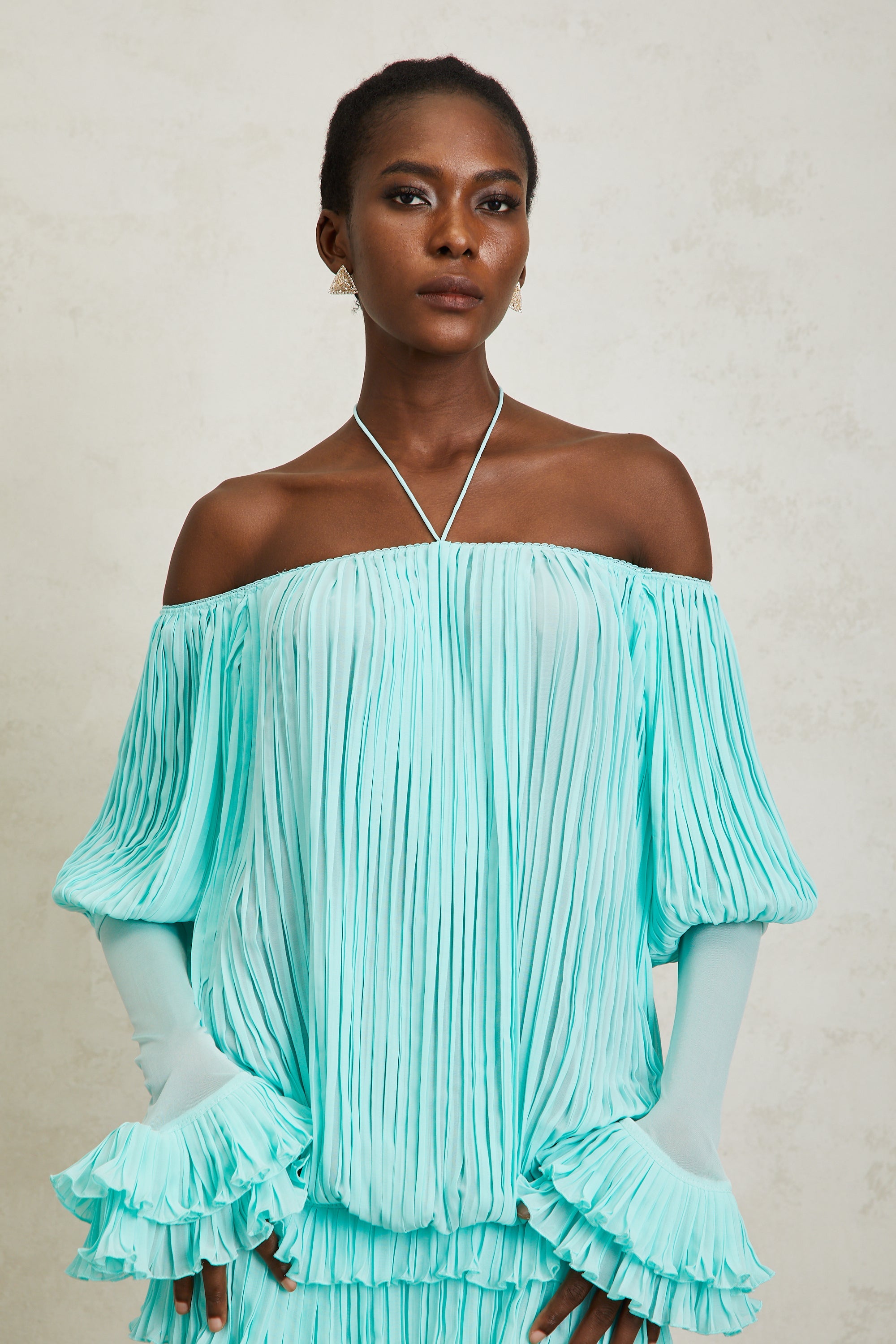 Gisèle Blue Off Shoulder Pleated Mini Dress