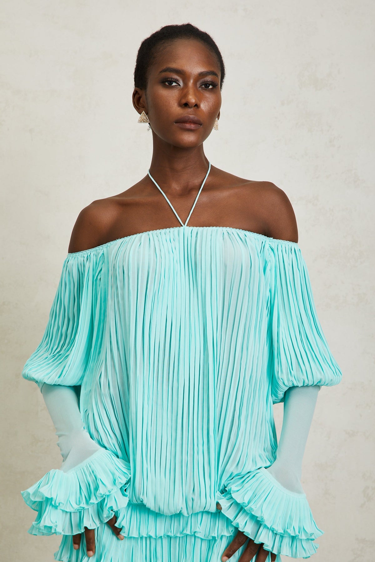 Gisèle Blue Off Shoulder Pleated Mini Dress