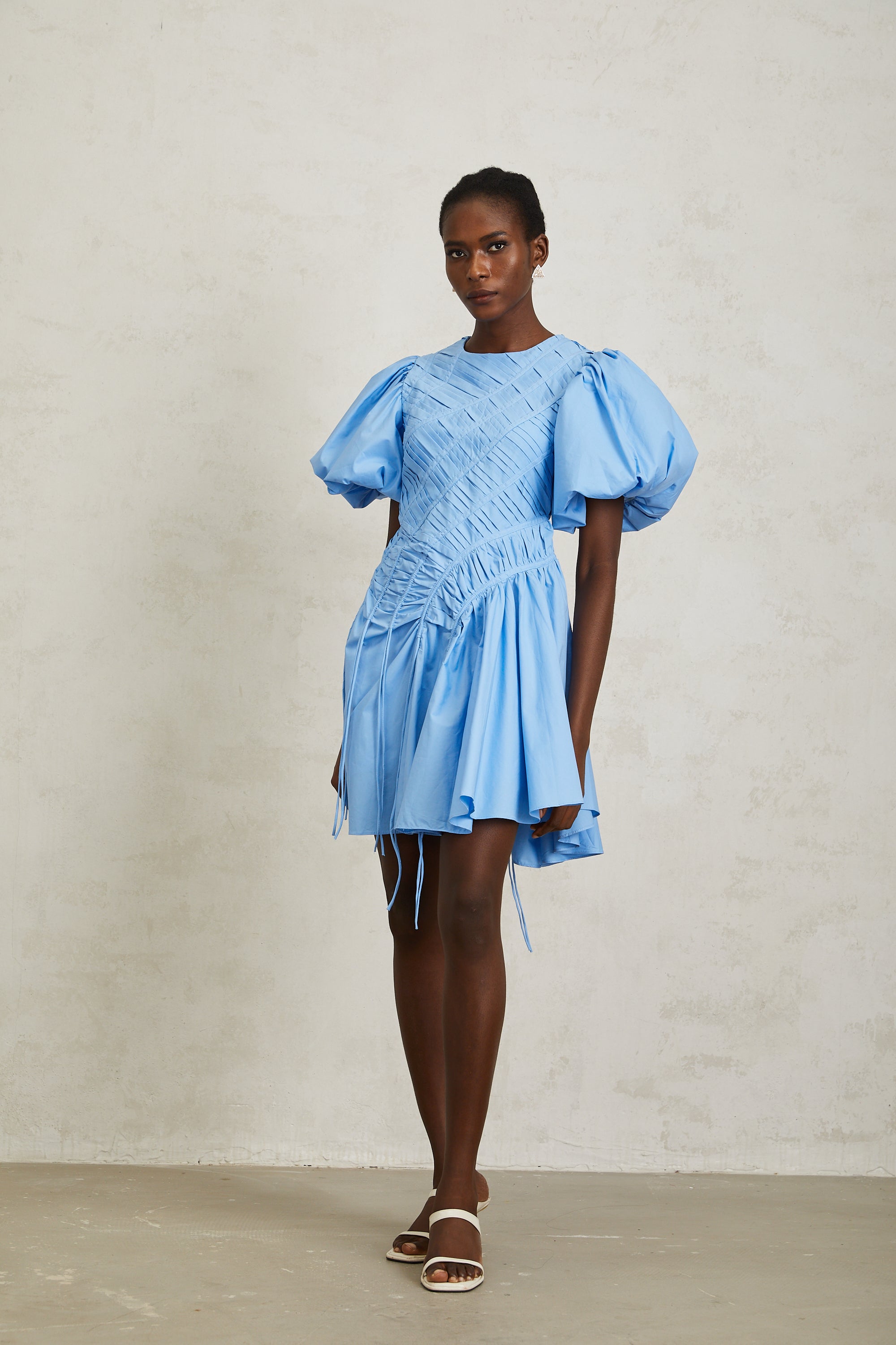 Amaryllis Blue Ruched Drawstring Hem Mini Dress (Final Sale-US Only)