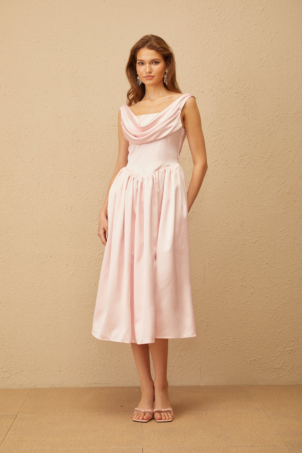 Althéa Pink Cowl Neck Voluminous Midi Dress