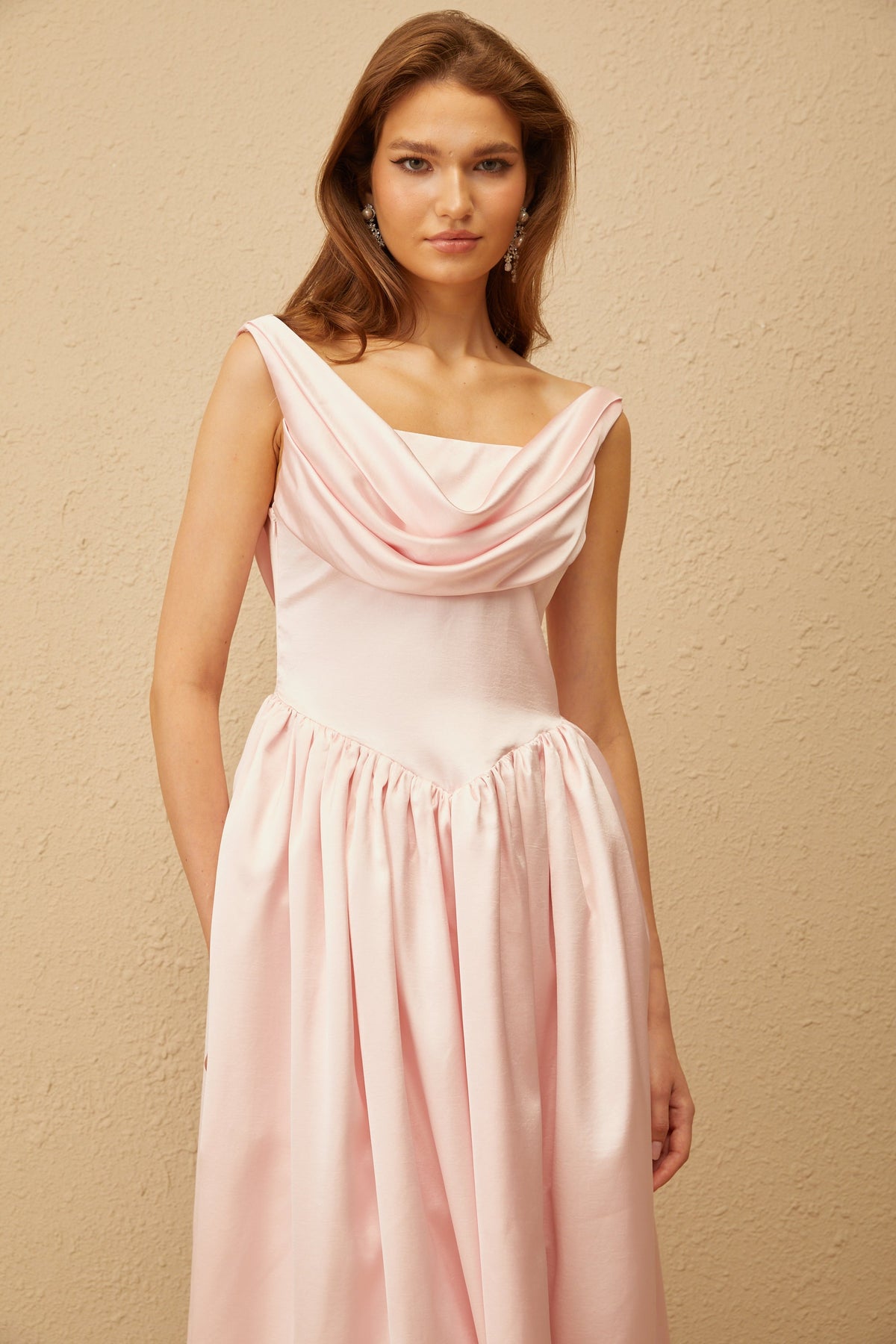 Althéa Pink Cowl Neck Voluminous Midi Dress