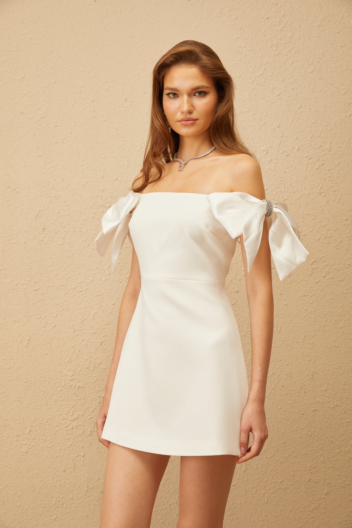 Sirkka White Off Shoulder Bowknot Mini Dress