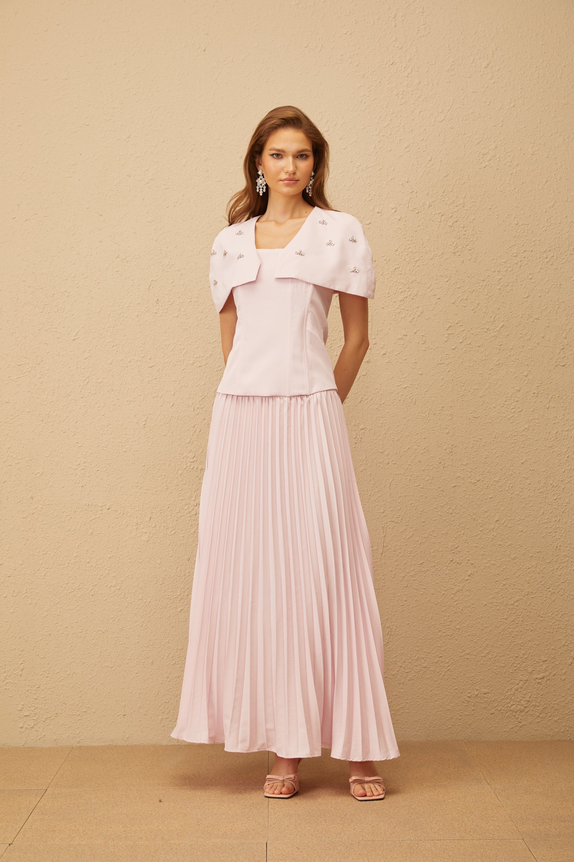 Latika Pink Shawl-Detail Pleated Top & Skirt Co-ord (Final Sale-US Only)