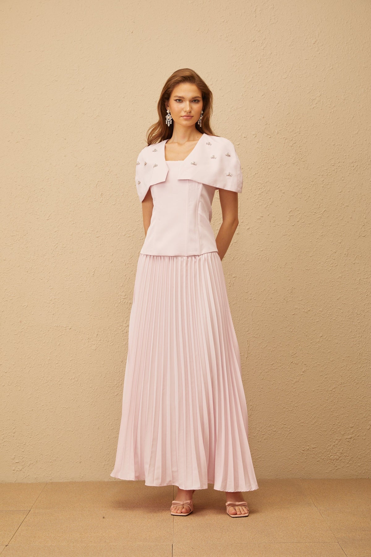 Latika Pink Shawl-Detail Pleated Top & Skirt Co-ord (Final Sale-US Only)