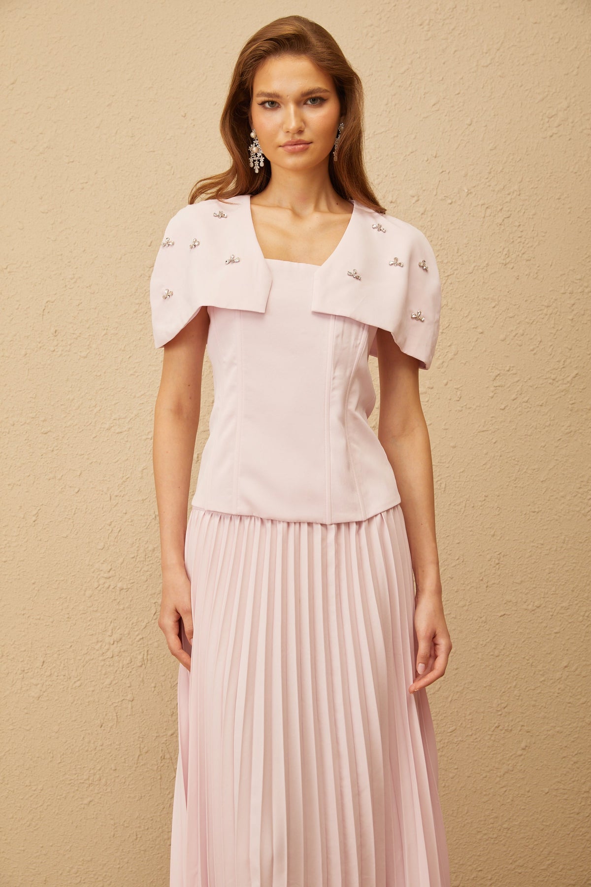 Latika Pink Shawl-Detail Pleated Top & Skirt Co-ord (Final Sale-US Only)