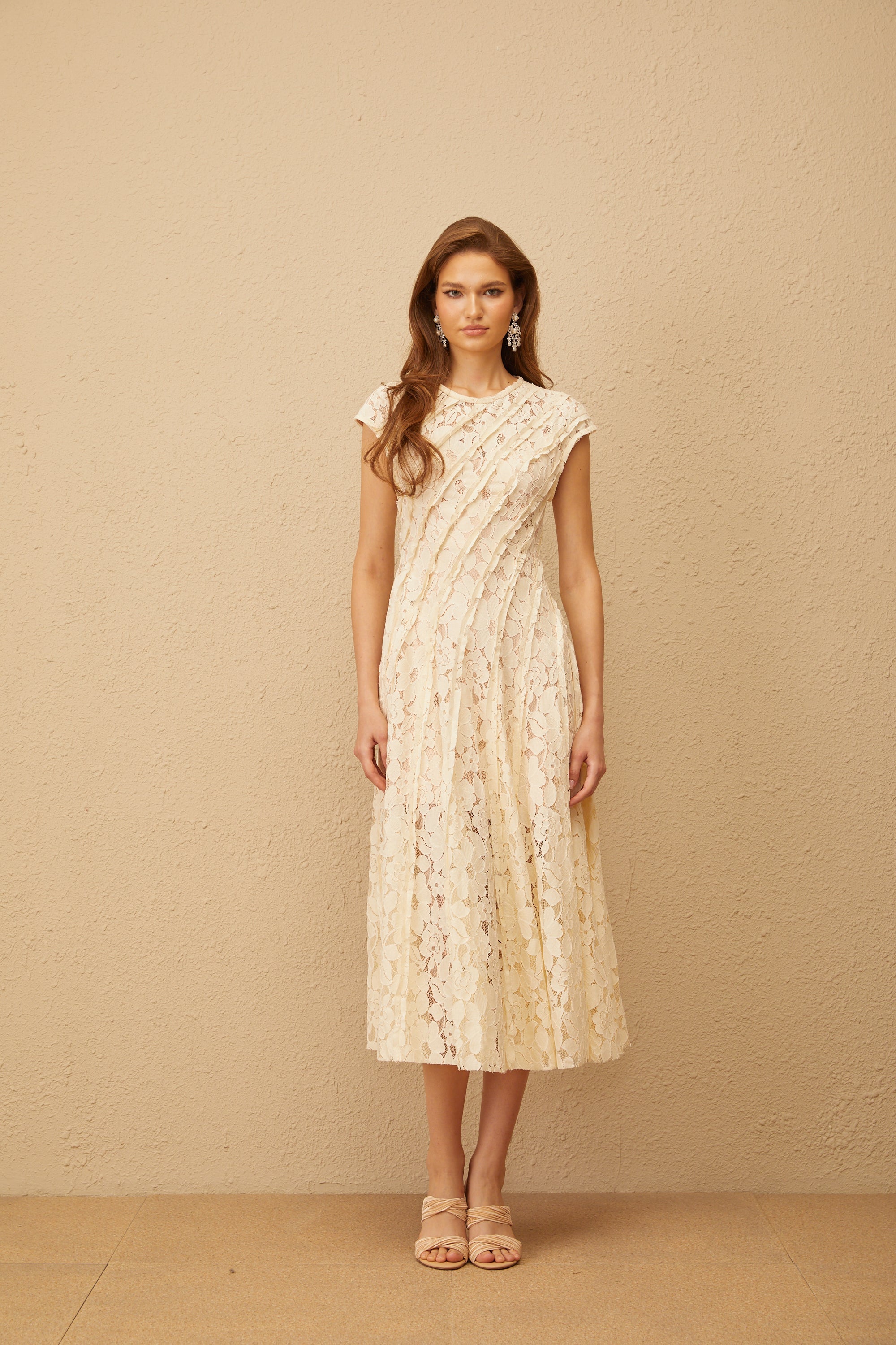 Adèle Neutral Floral Lace Midi Dress