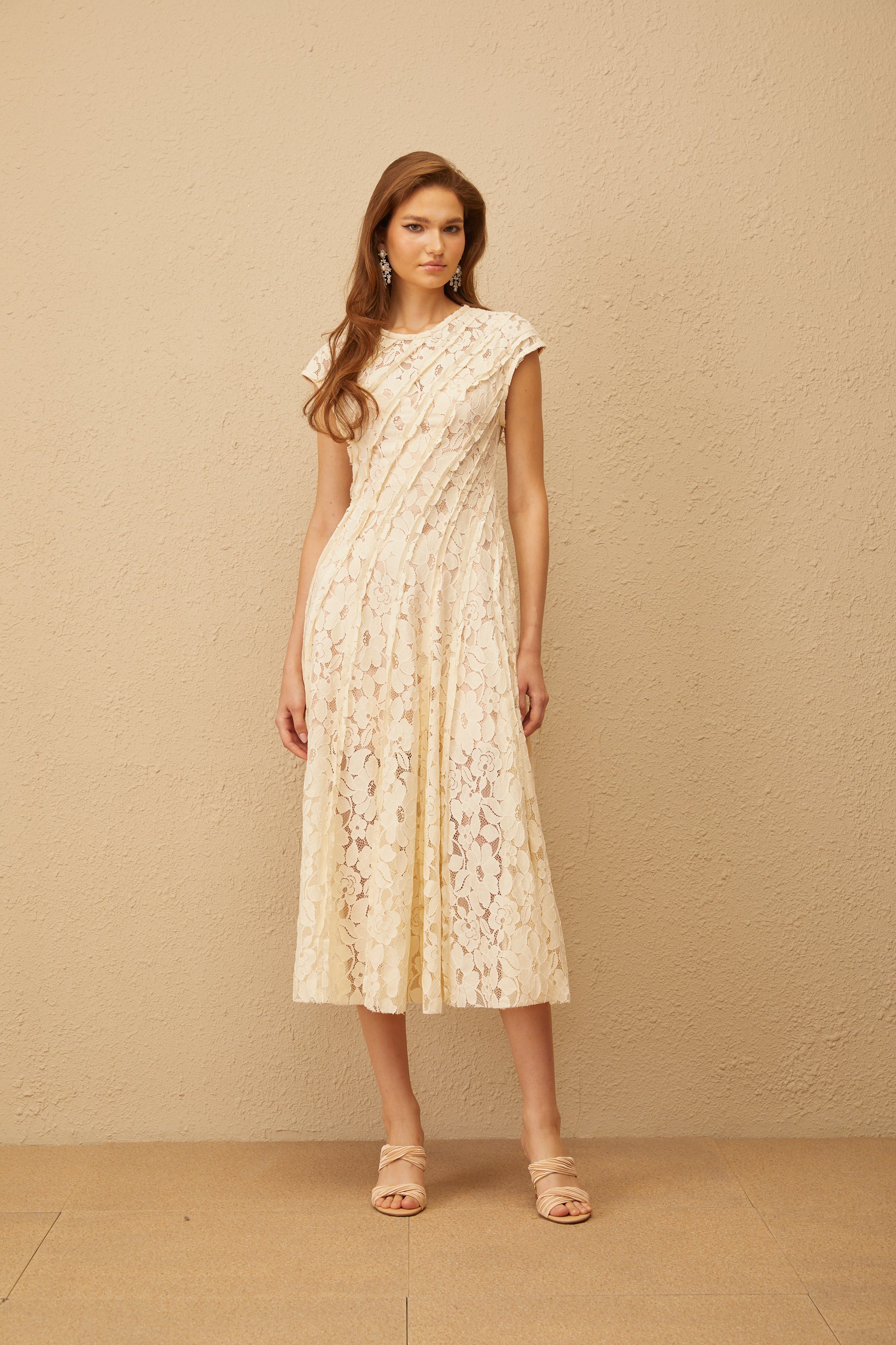Adèle Neutral Floral Lace Midi Dress