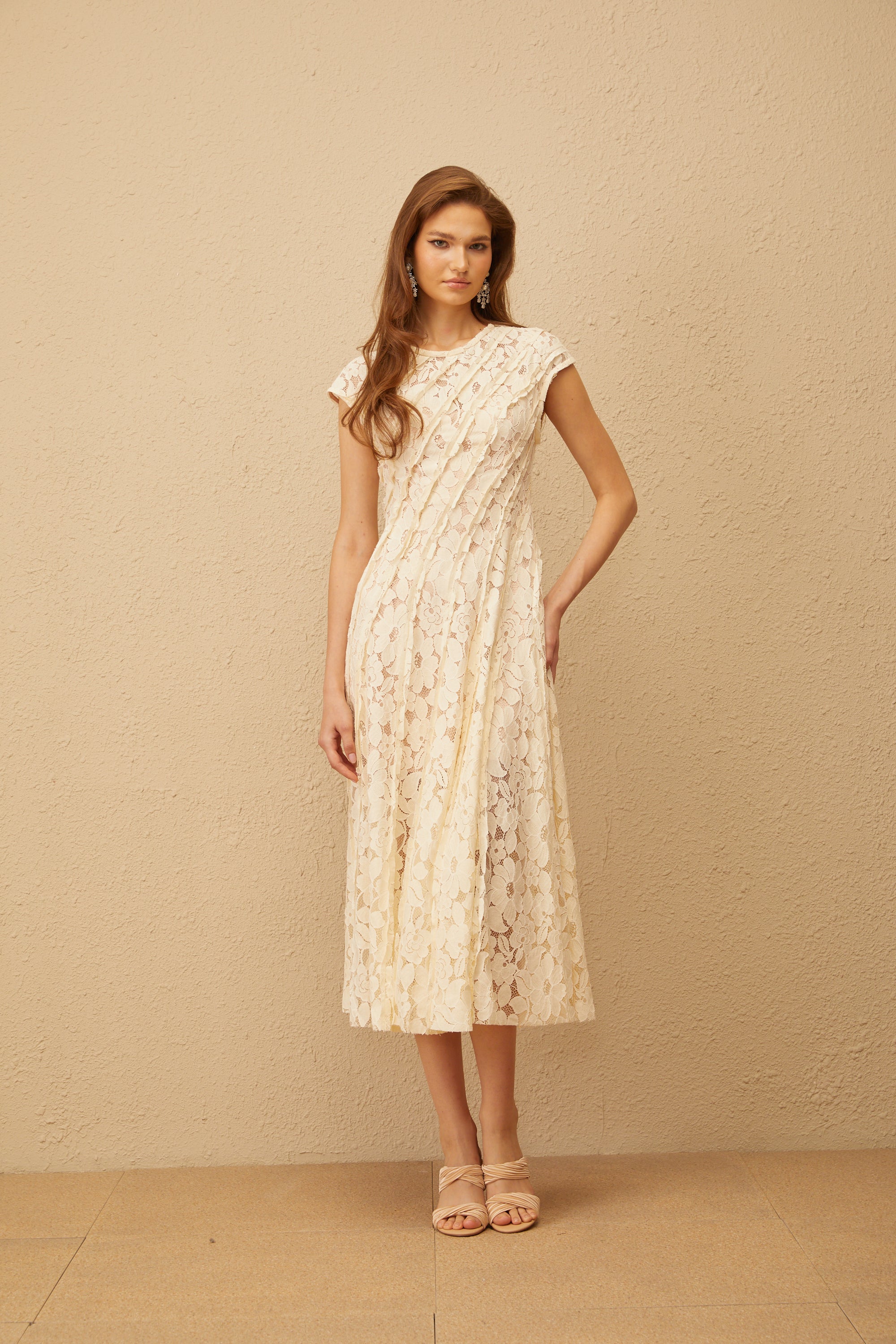 Adèle Neutral Floral Lace Midi Dress
