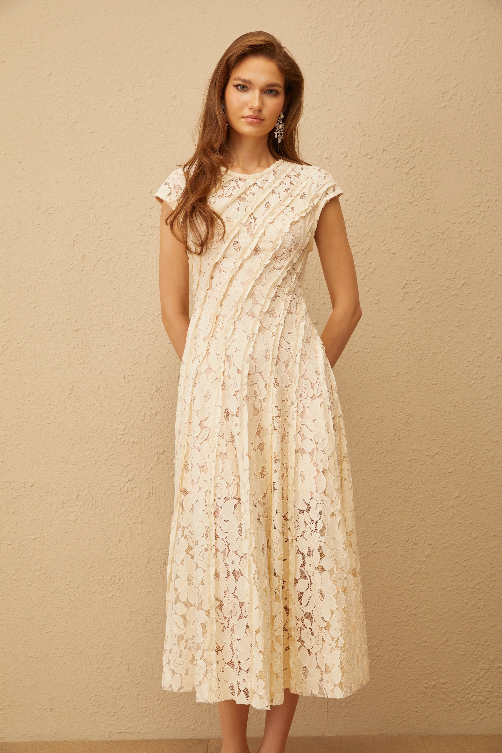 Adèle Neutral Floral Lace Midi Dress