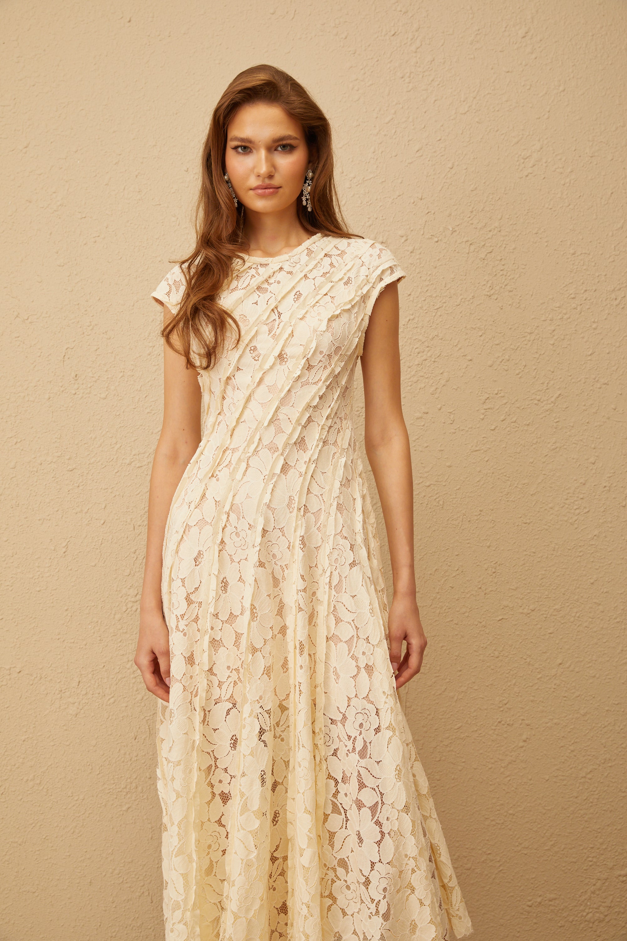 Adèle Neutral Floral Lace Midi Dress