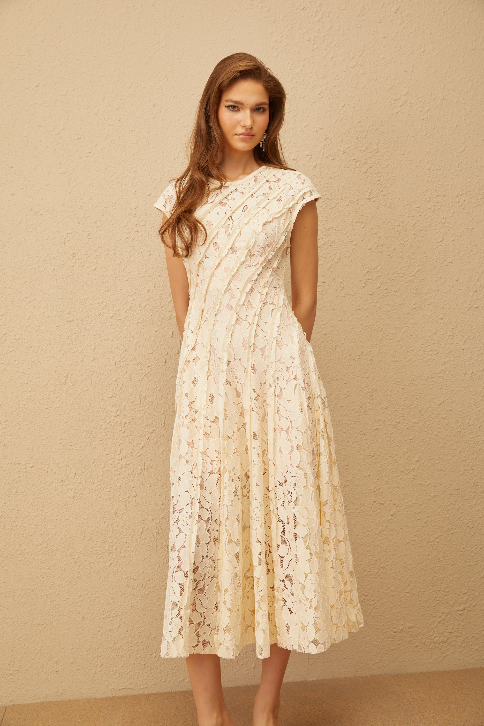 Adèle Neutral Floral Lace Midi Dress