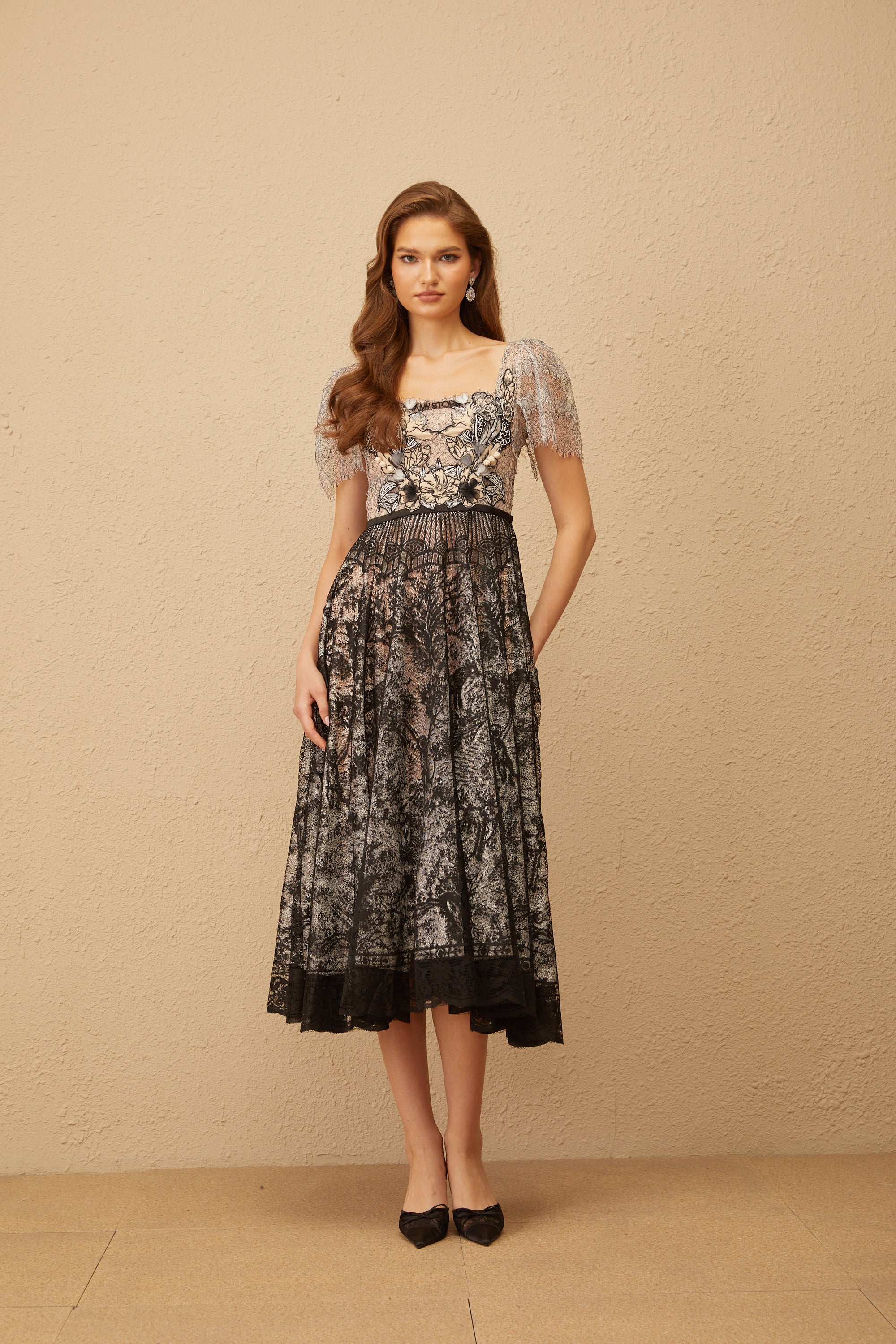 Océane Black Floral Embroidered Lace Midi Dress