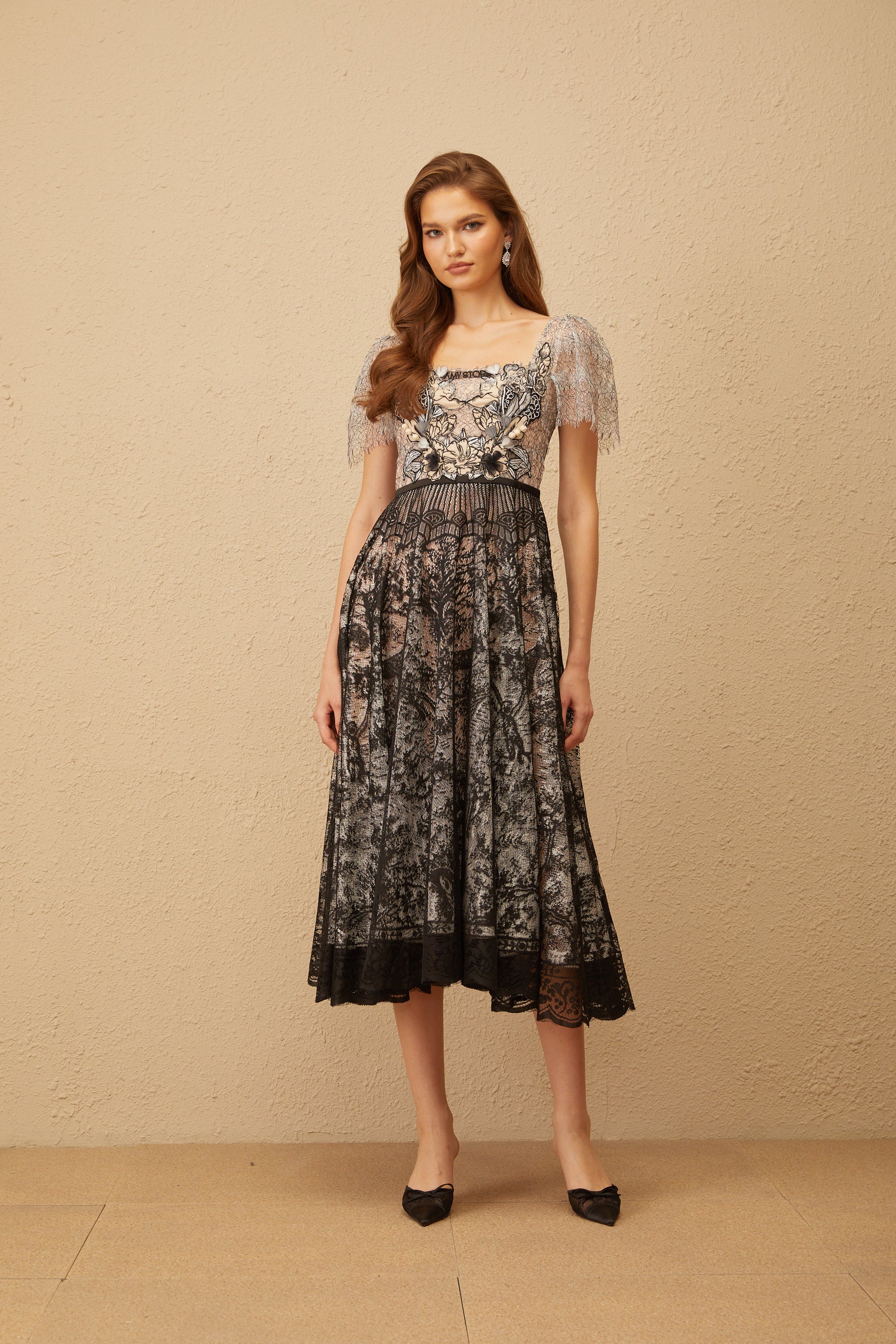 Océane Black Floral Embroidered Lace Midi Dress