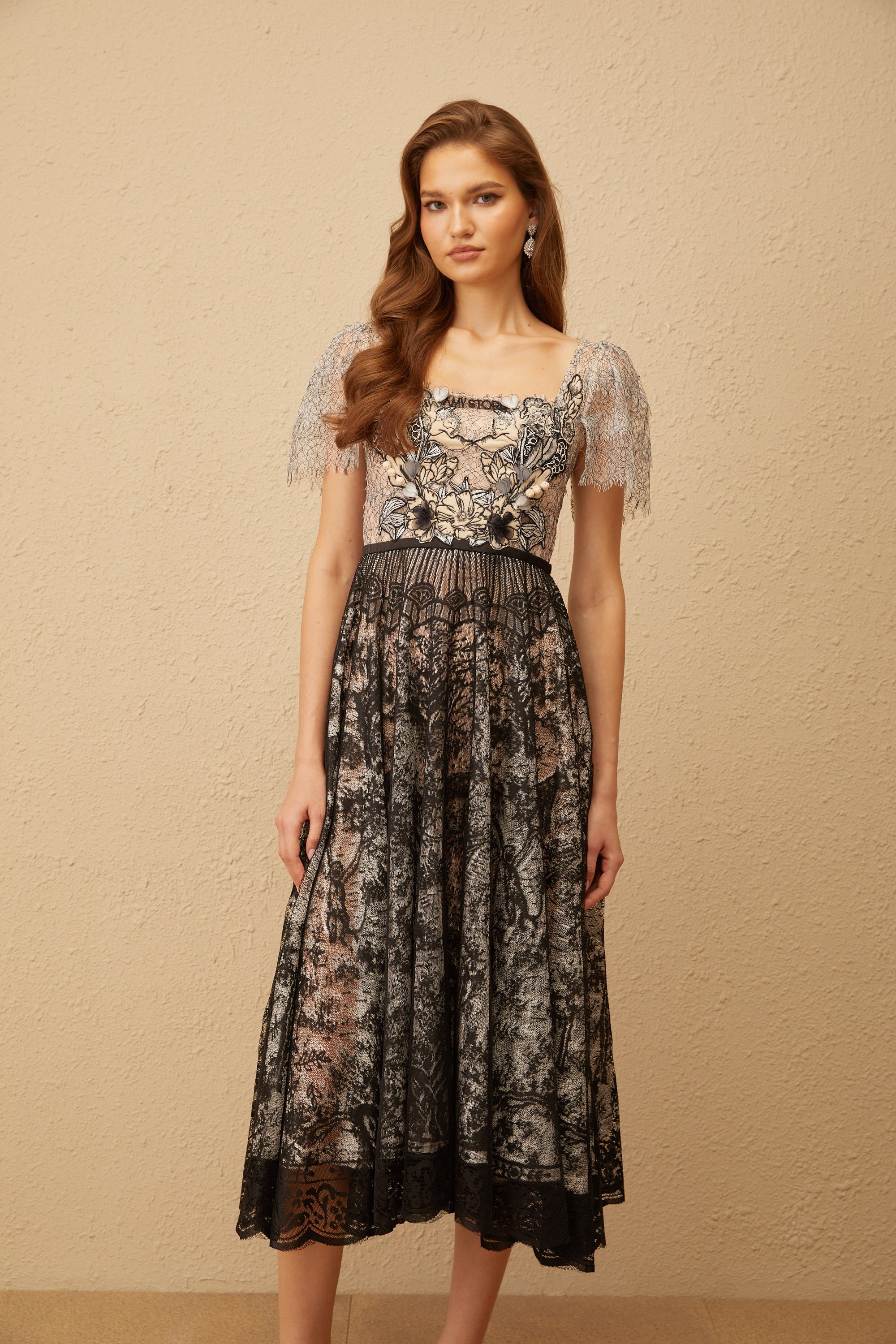 Océane Black Floral Embroidered Lace Midi Dress