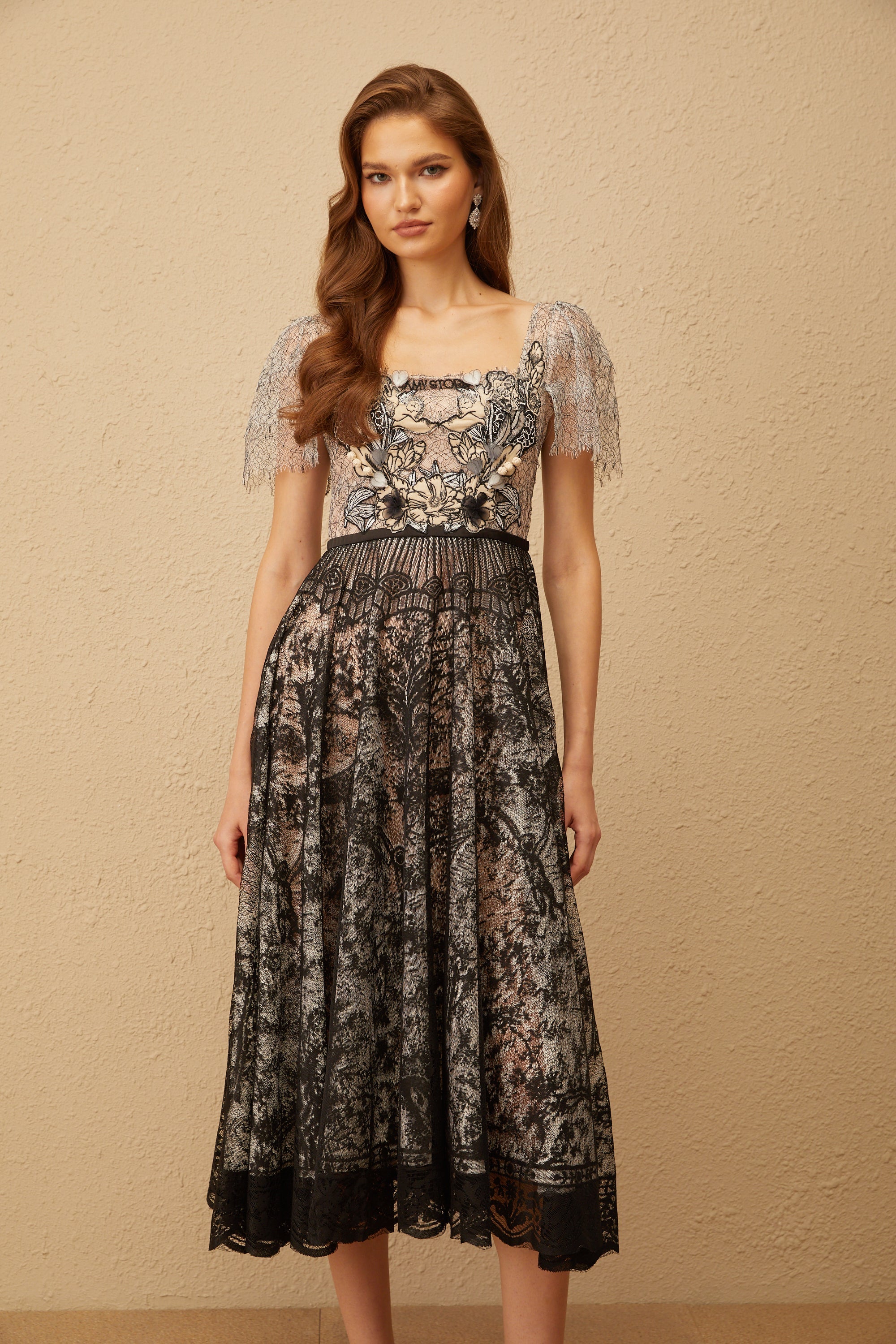 Océane Black Floral Embroidered Lace Midi Dress