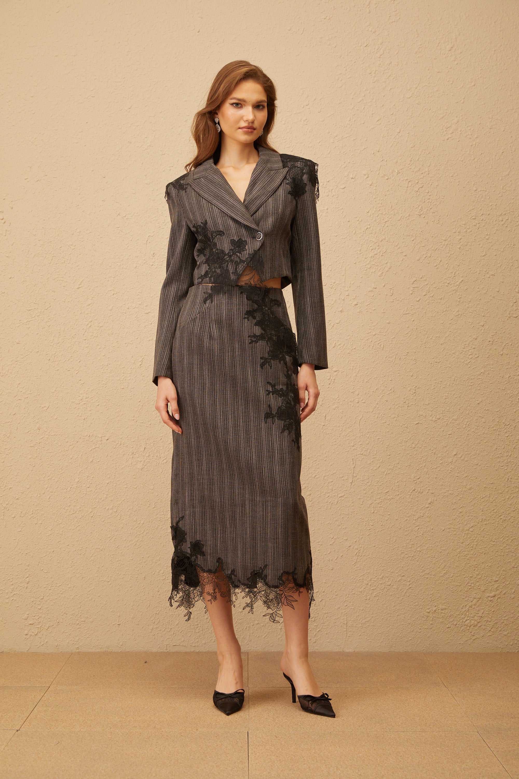 Sidonie Grey Floral Appliqué Striped Blazer & Skirt Set