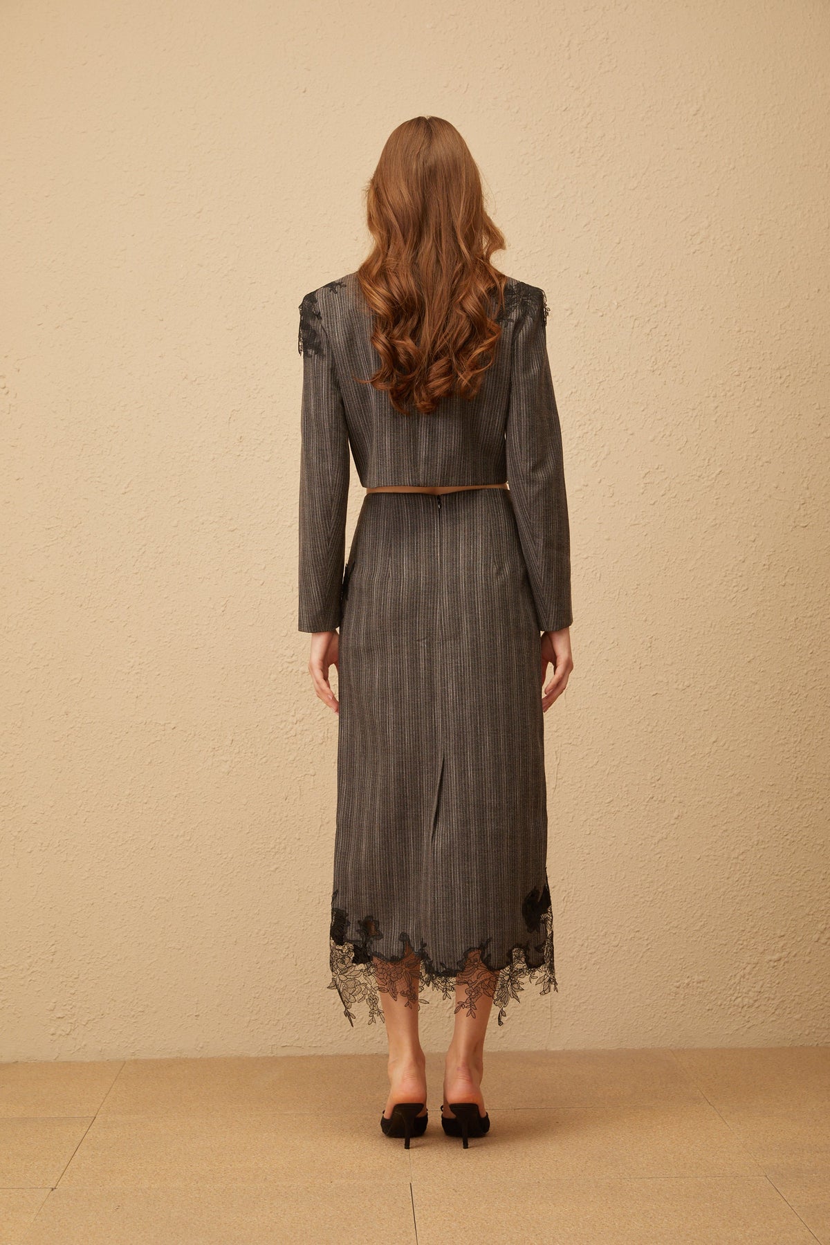 Sidonie Grey Floral Appliqué Striped Blazer & Skirt Set (Final Sale-US Only)