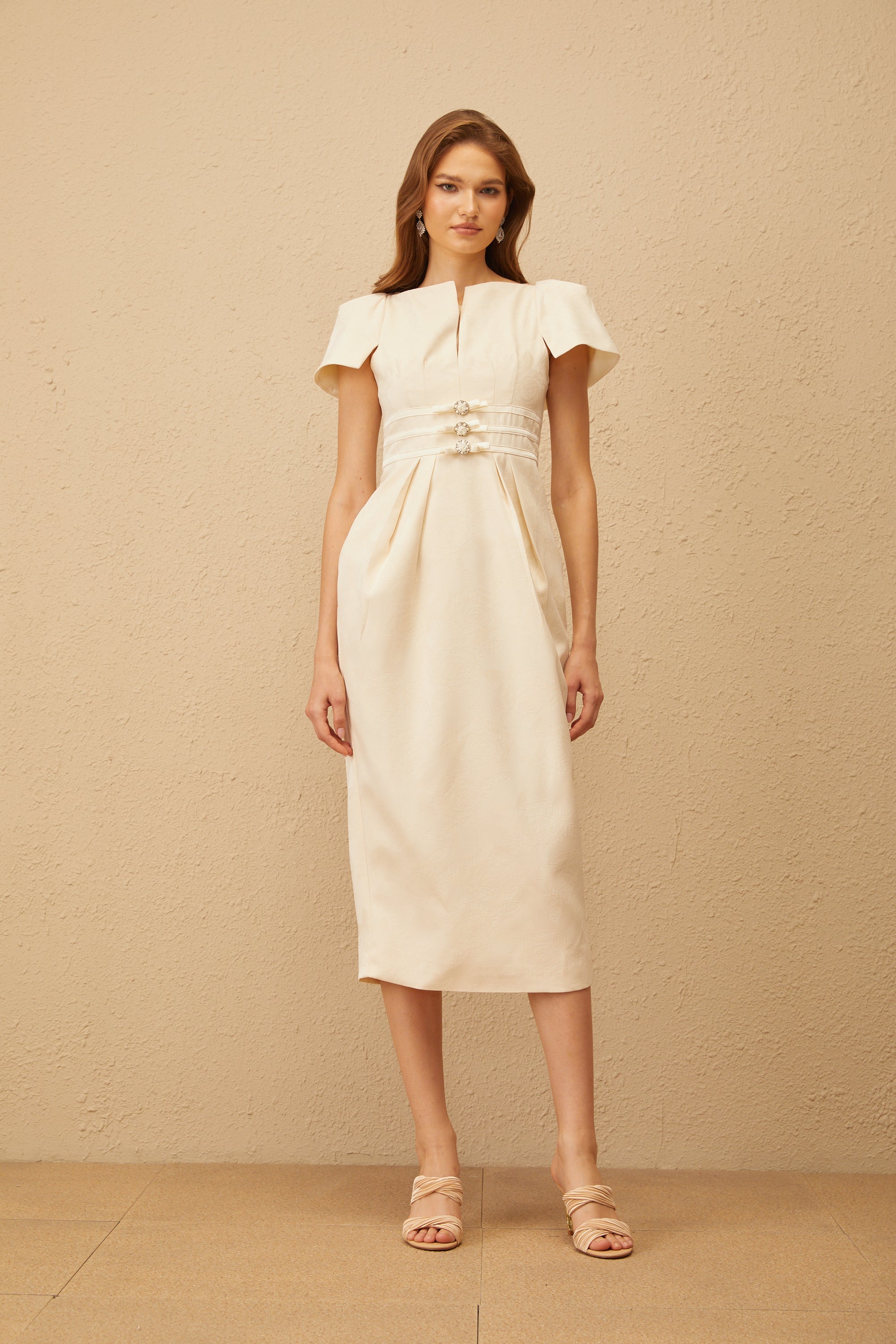 Antoinette Neutral Floral Jacquard Bowknot Midi Dress