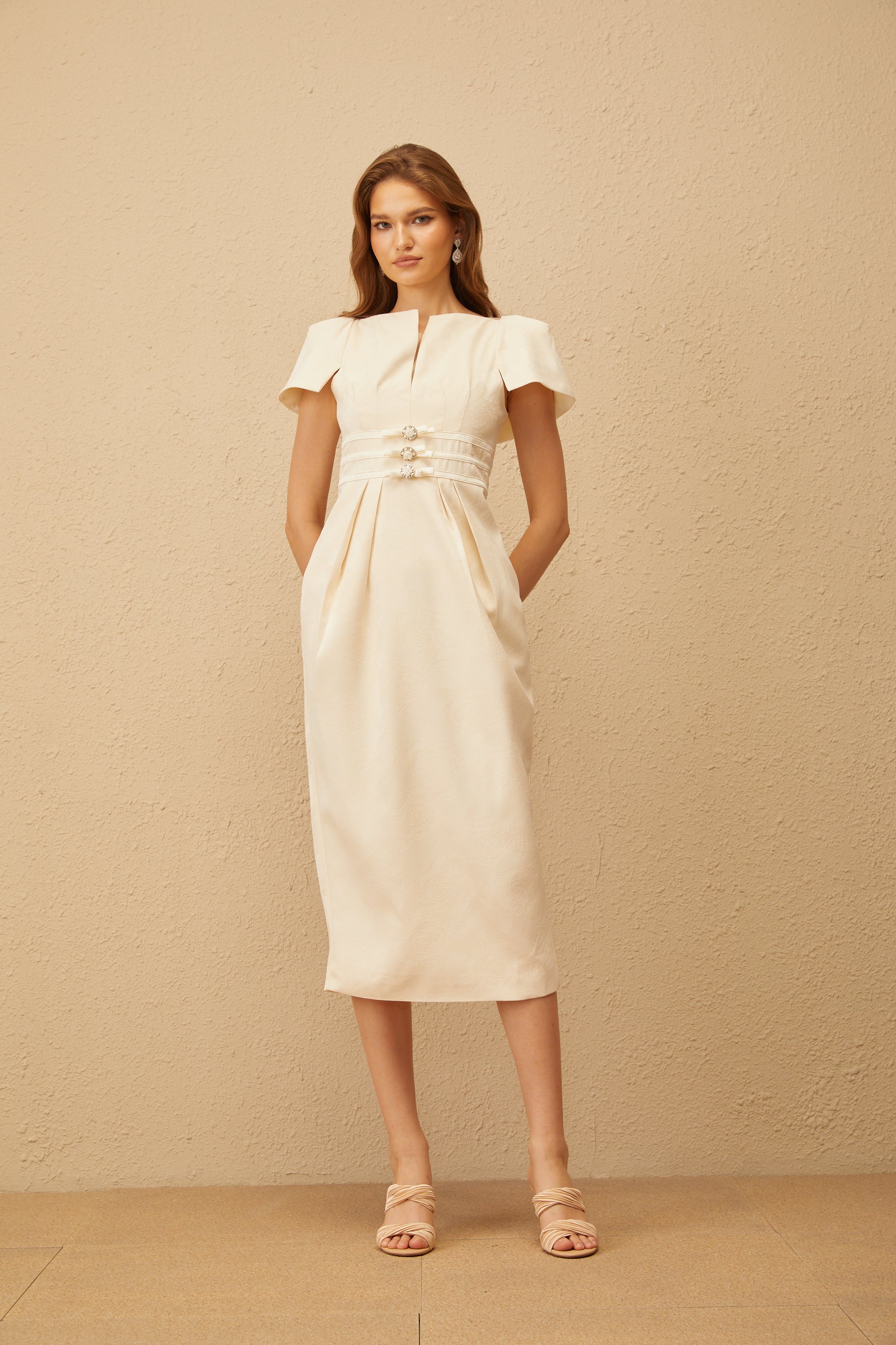 Antoinette Neutral Floral Jacquard Bowknot Midi Dress