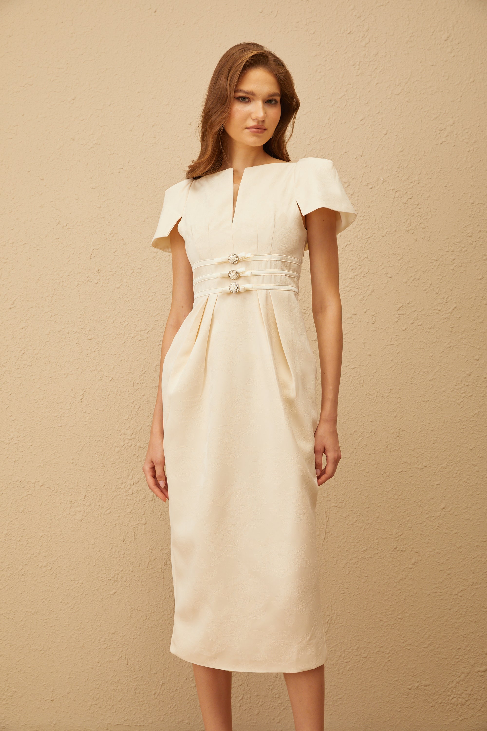 Antoinette Neutral Floral Jacquard Bowknot Midi Dress