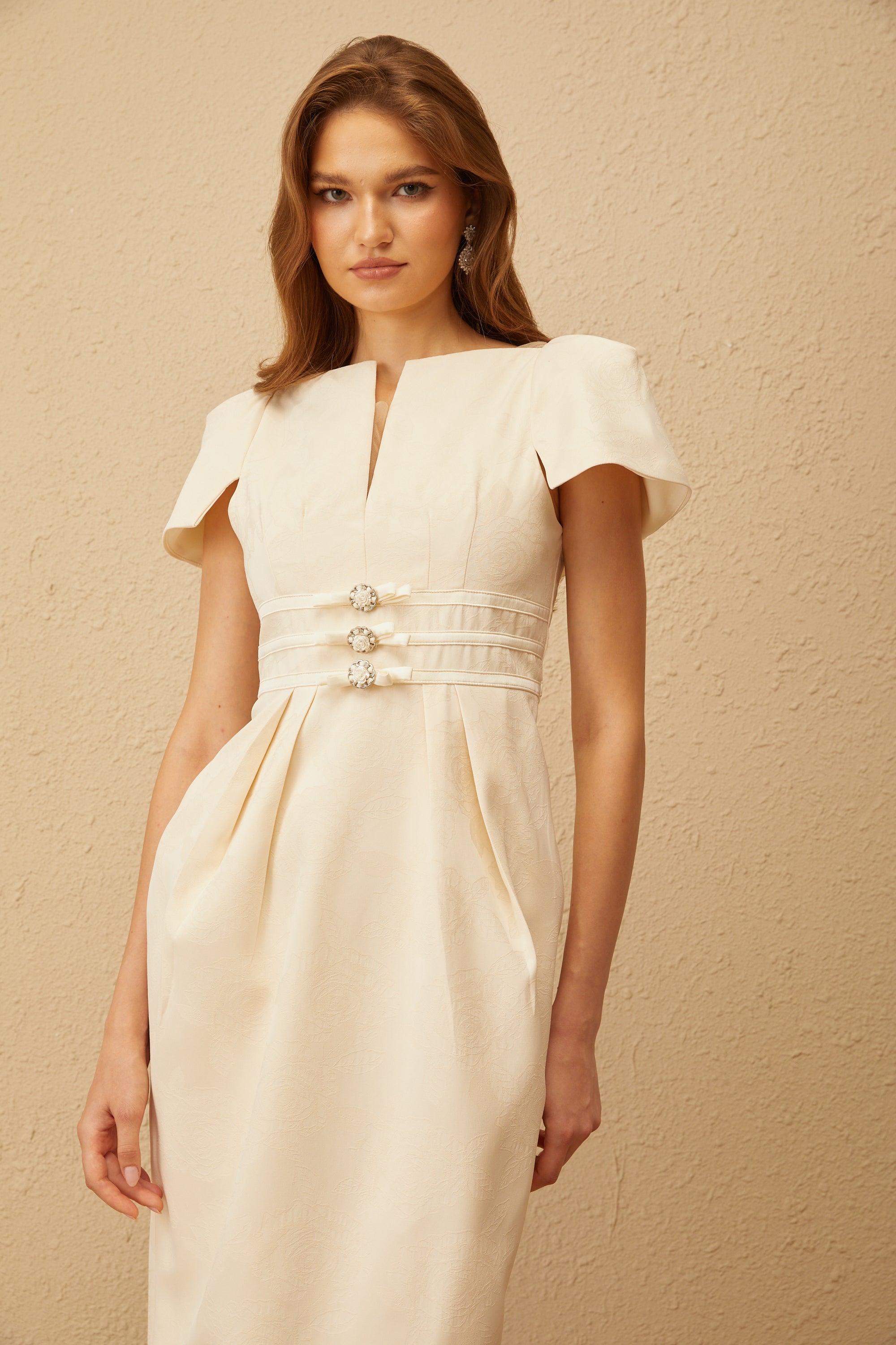 Antoinette Neutral Floral Jacquard Bowknot Midi Dress