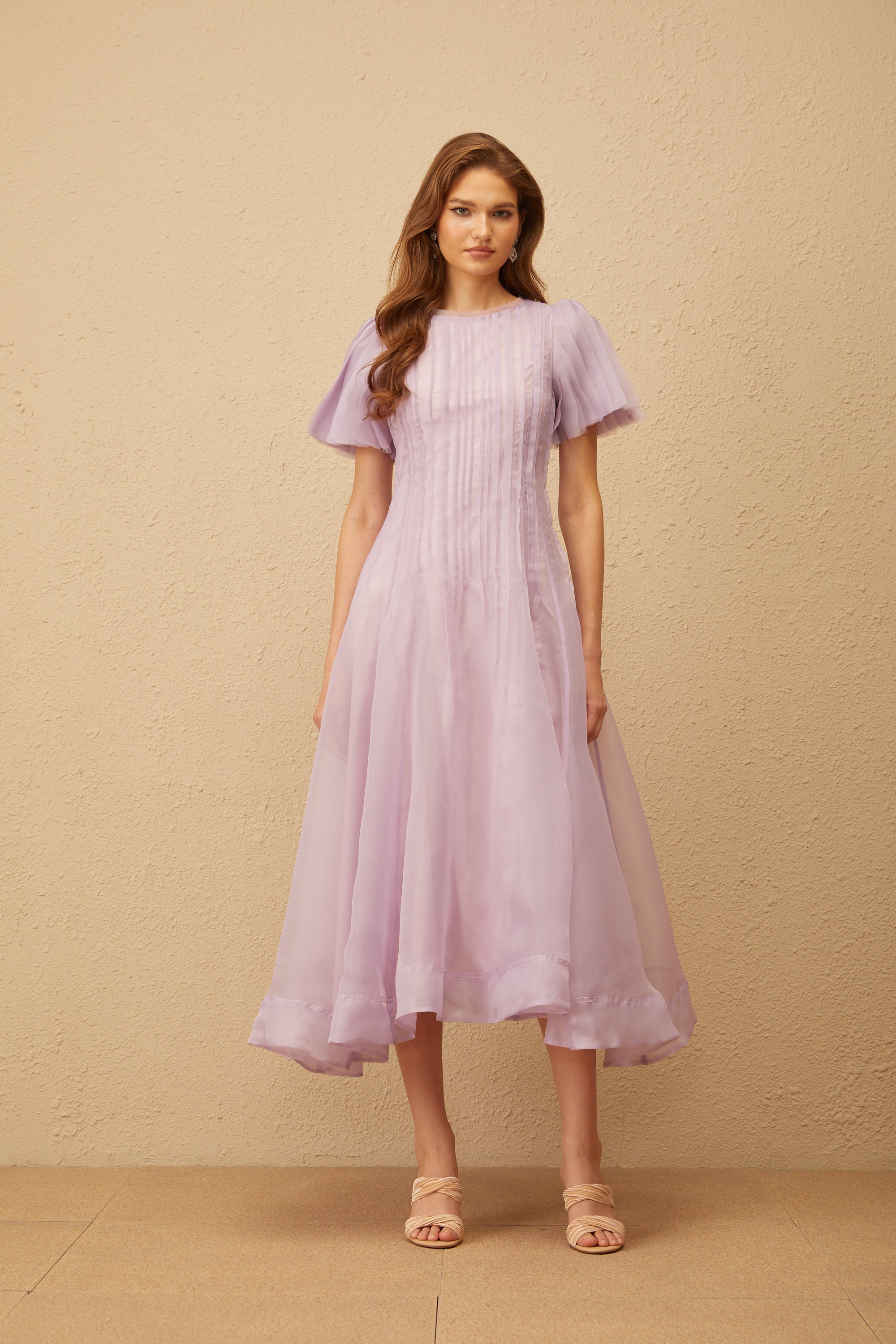 Léna Light Purple Pleated Organza Midi Dress
