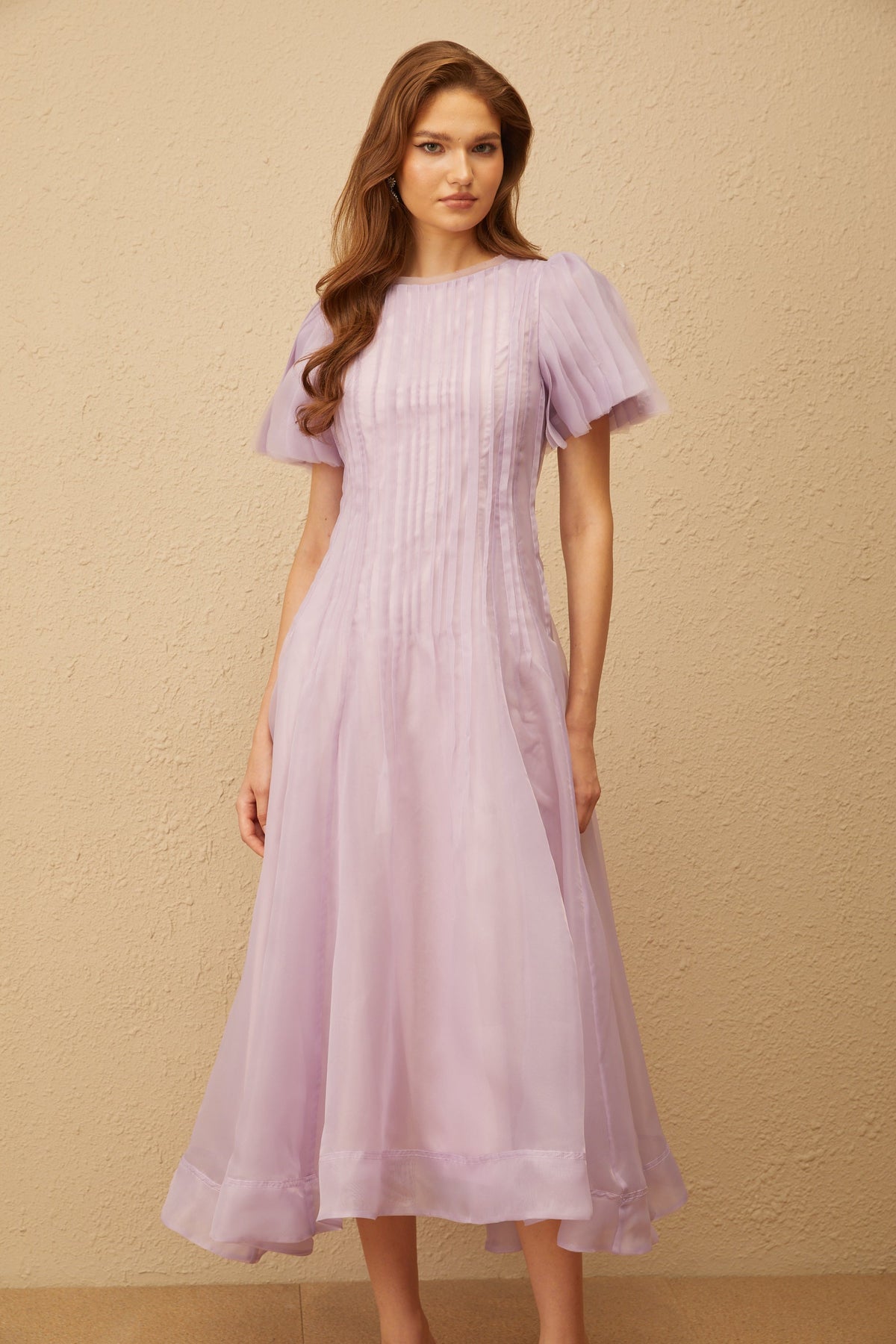 Léna Light Purple Pleated Organza Midi Dress