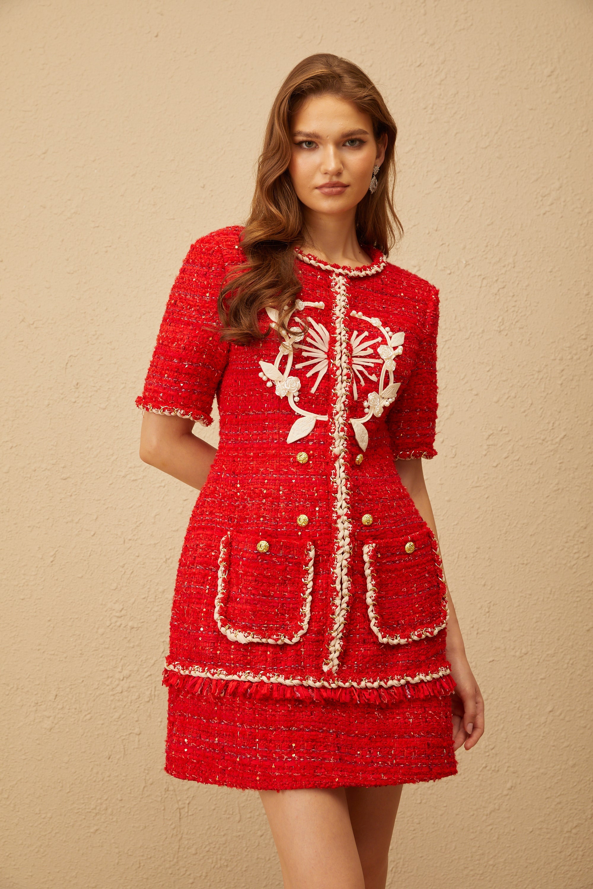 Aurore Red Floral Appliqué Tweed Mini Dress