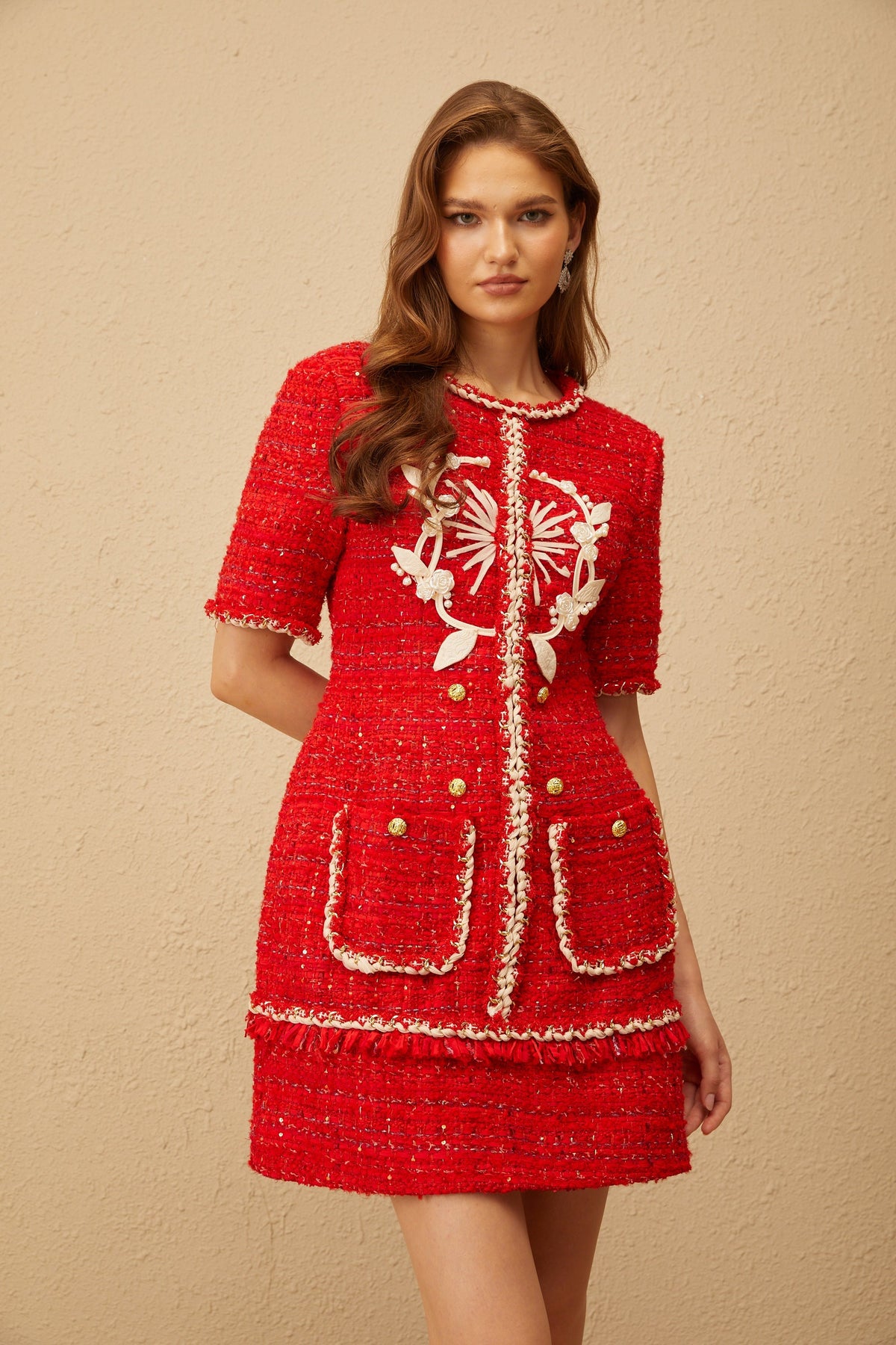 Aurore Red Floral Appliqué Tweed Mini Dress