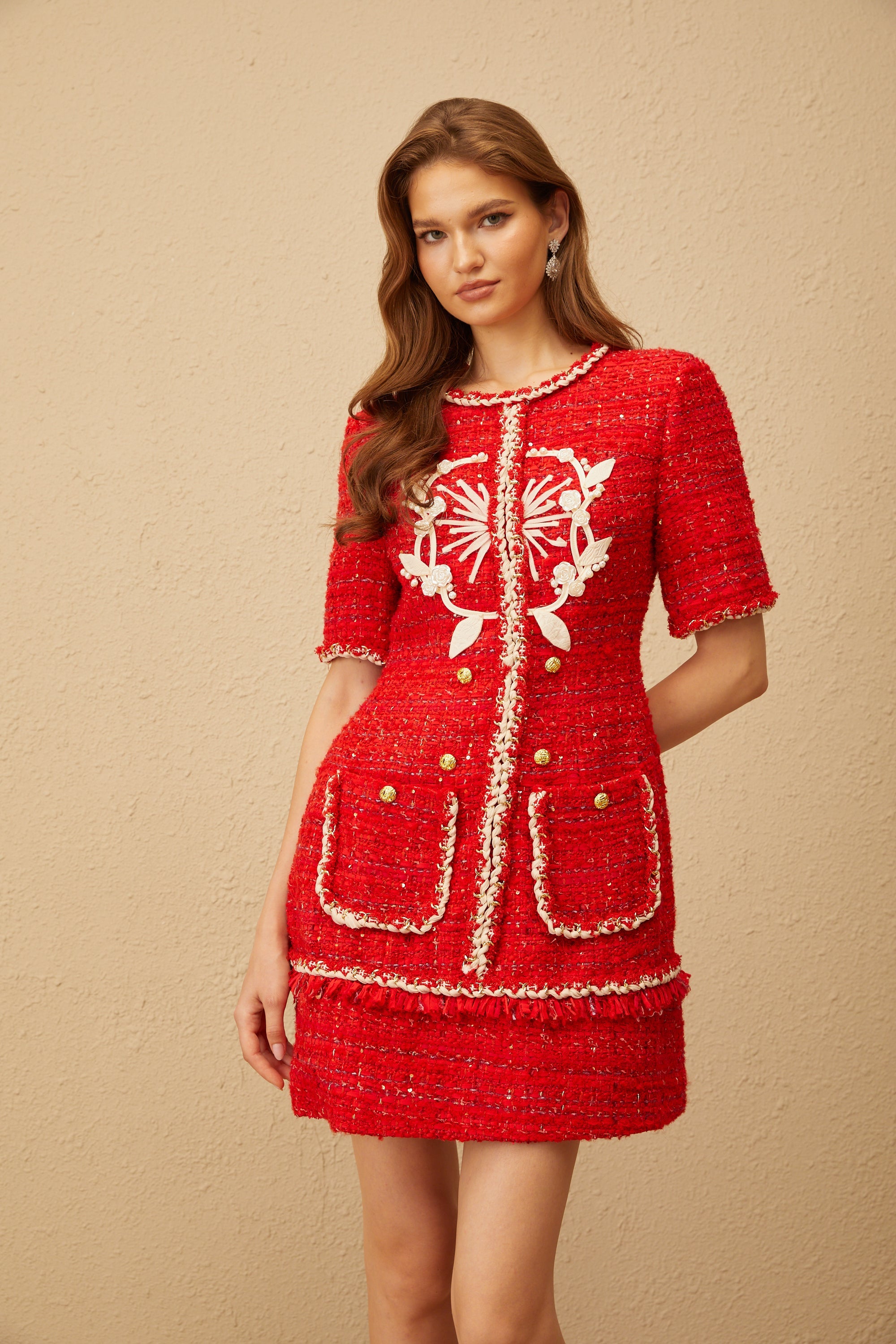 Aurore Red Floral Appliqué Tweed Mini Dress