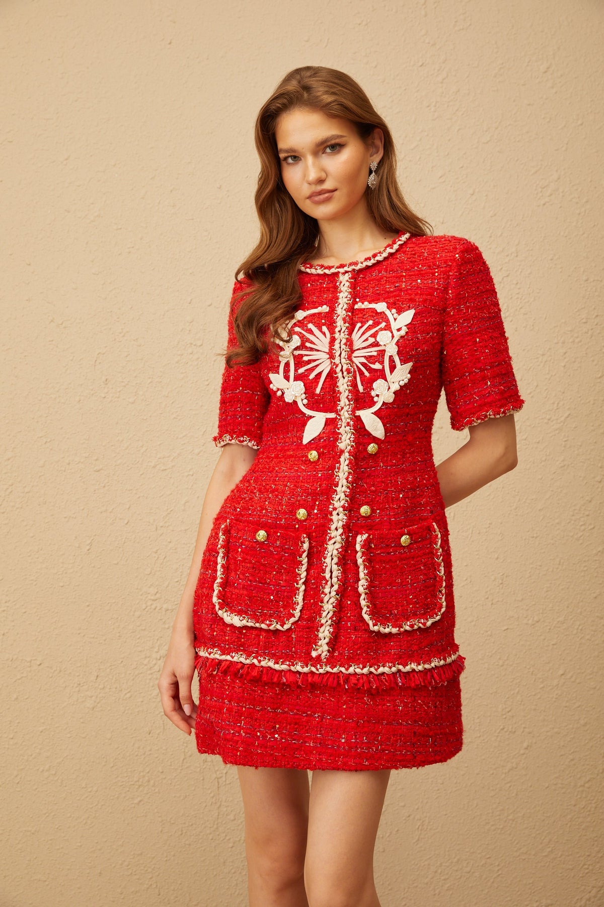Aurore Red Floral Appliqué Tweed Mini Dress