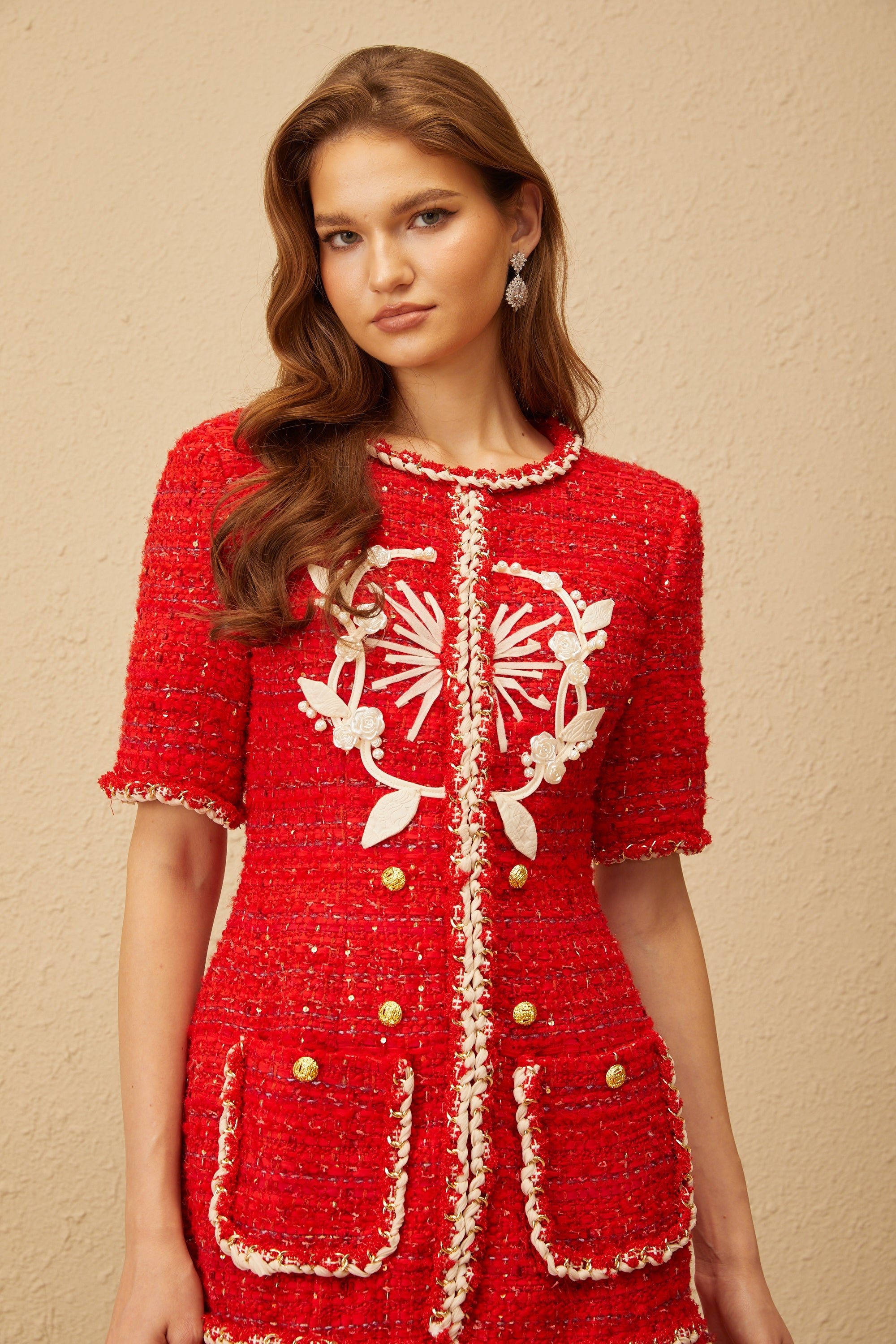 Aurore Red Floral Appliqué Tweed Mini Dress