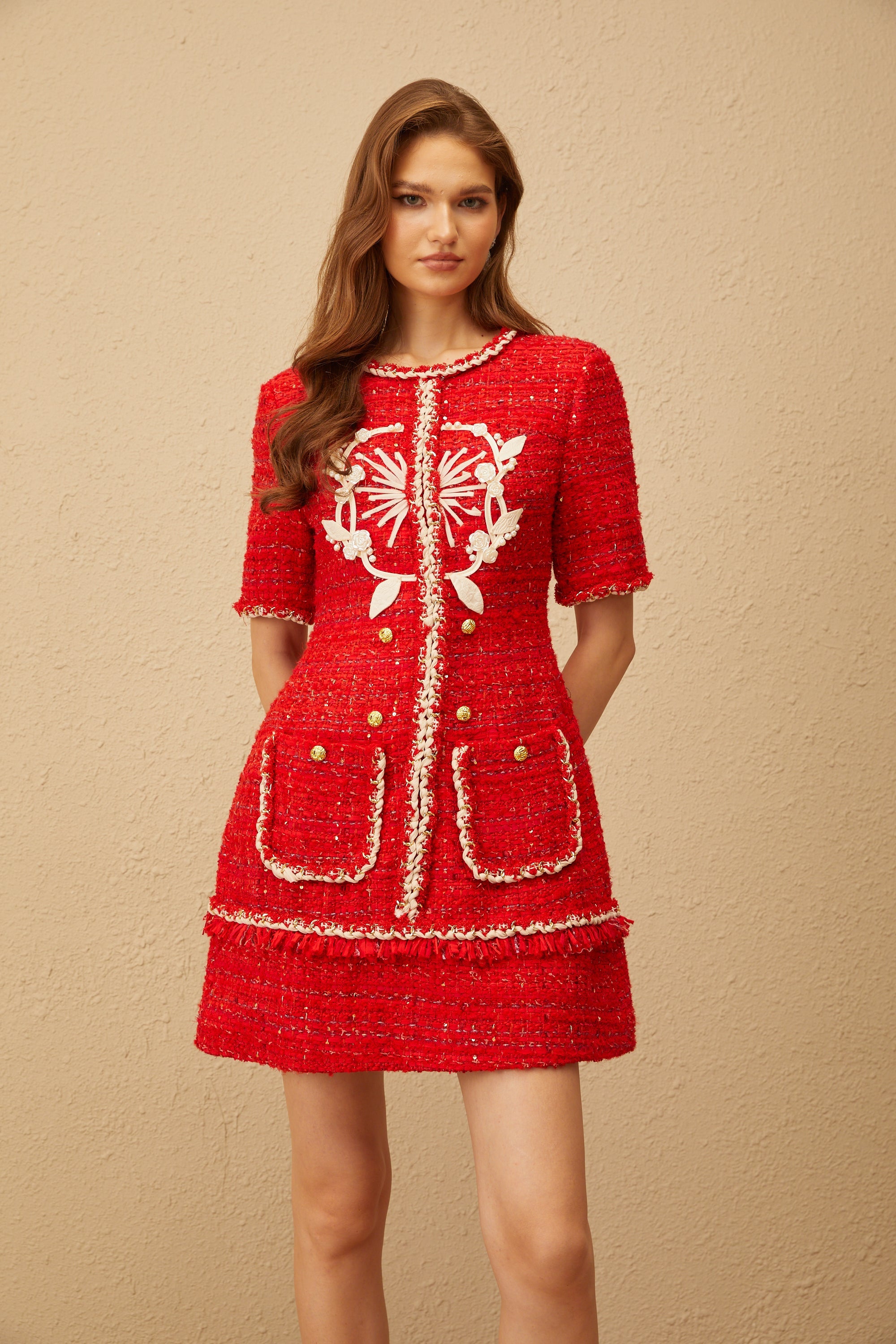 Aurore Red Floral Appliqué Tweed Mini Dress