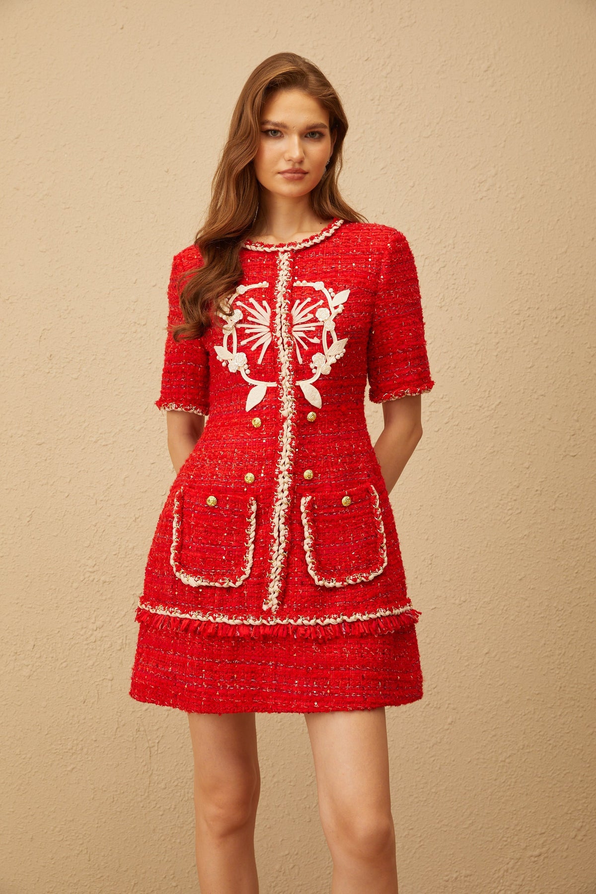 Aurore Red Floral Appliqué Tweed Mini Dress