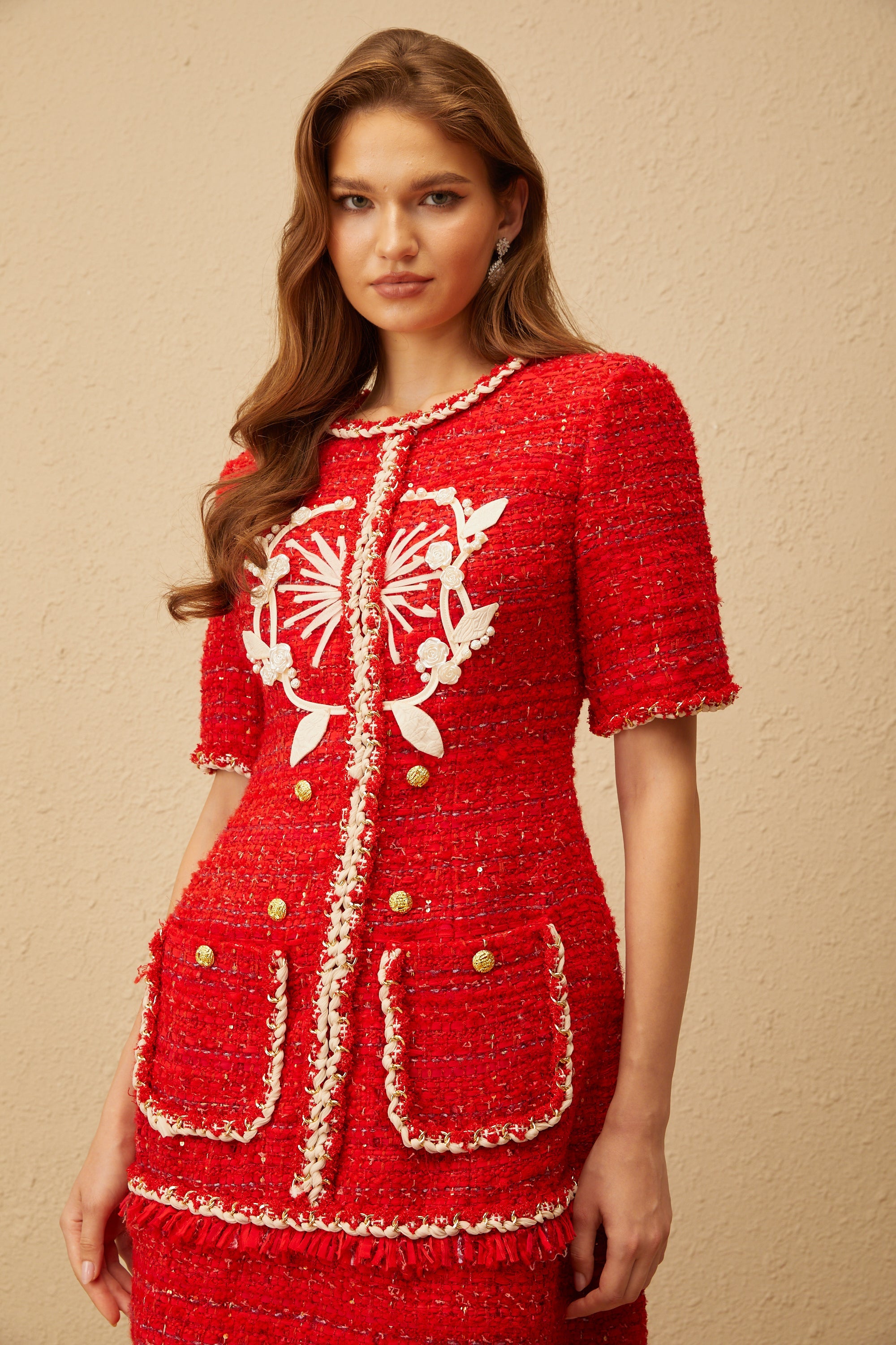 Aurore Red Floral Appliqué Tweed Mini Dress