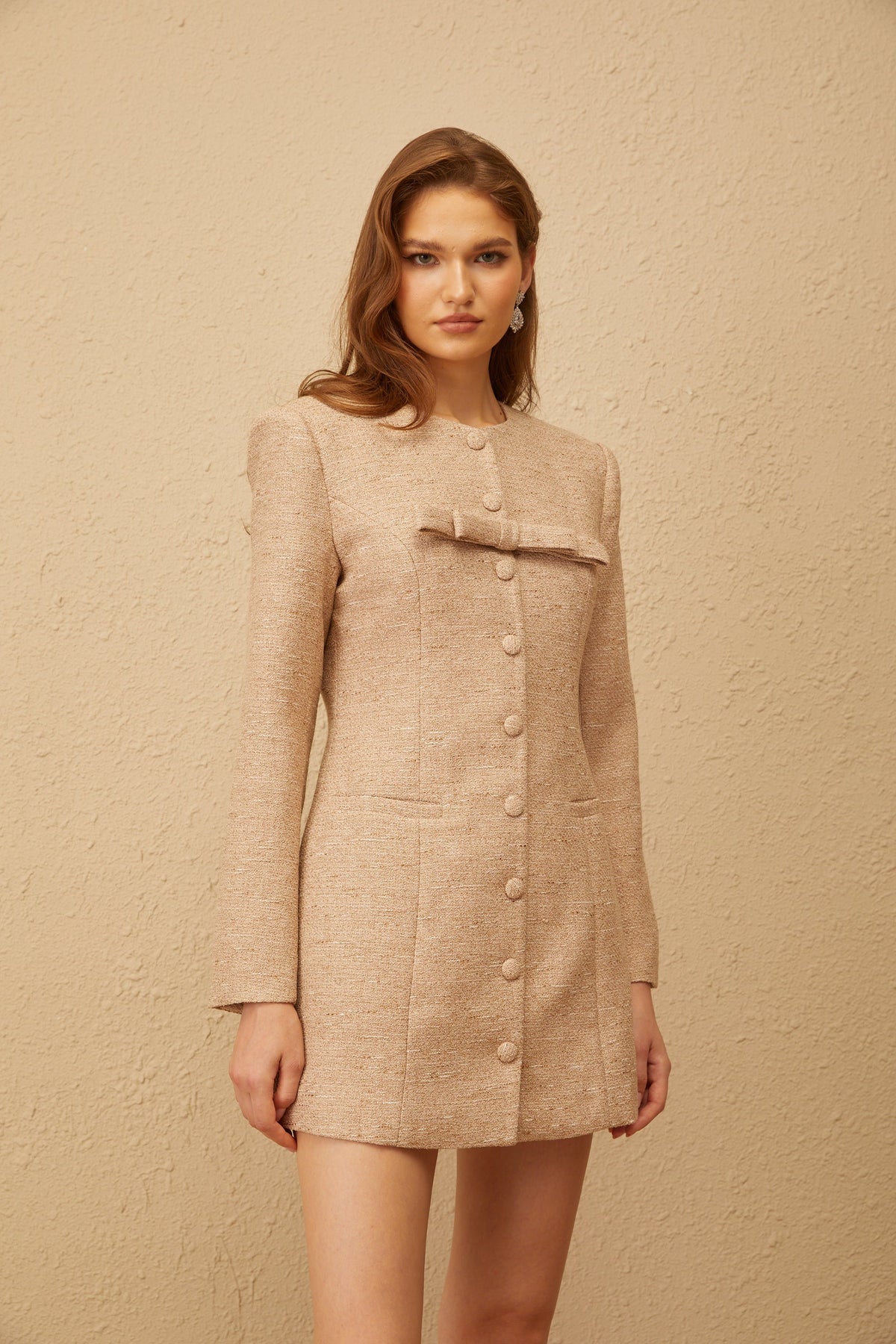 Uranie Khaki Bowknot Tweed Dress & Shorts Set