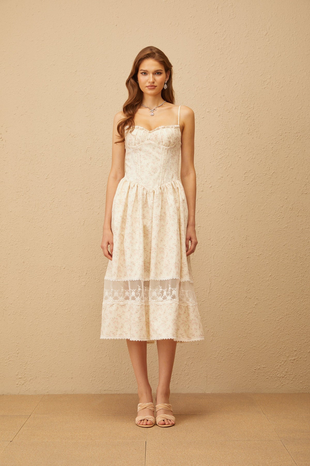 Caroline Neutral Lace Trim Floral Midi Dress