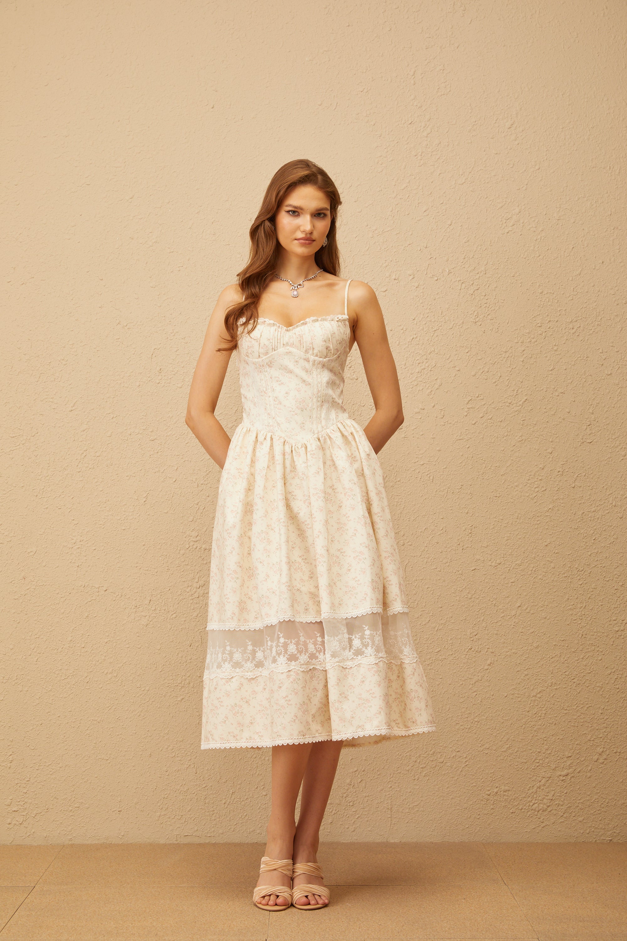 Caroline Neutral Lace Trim Floral Midi Dress