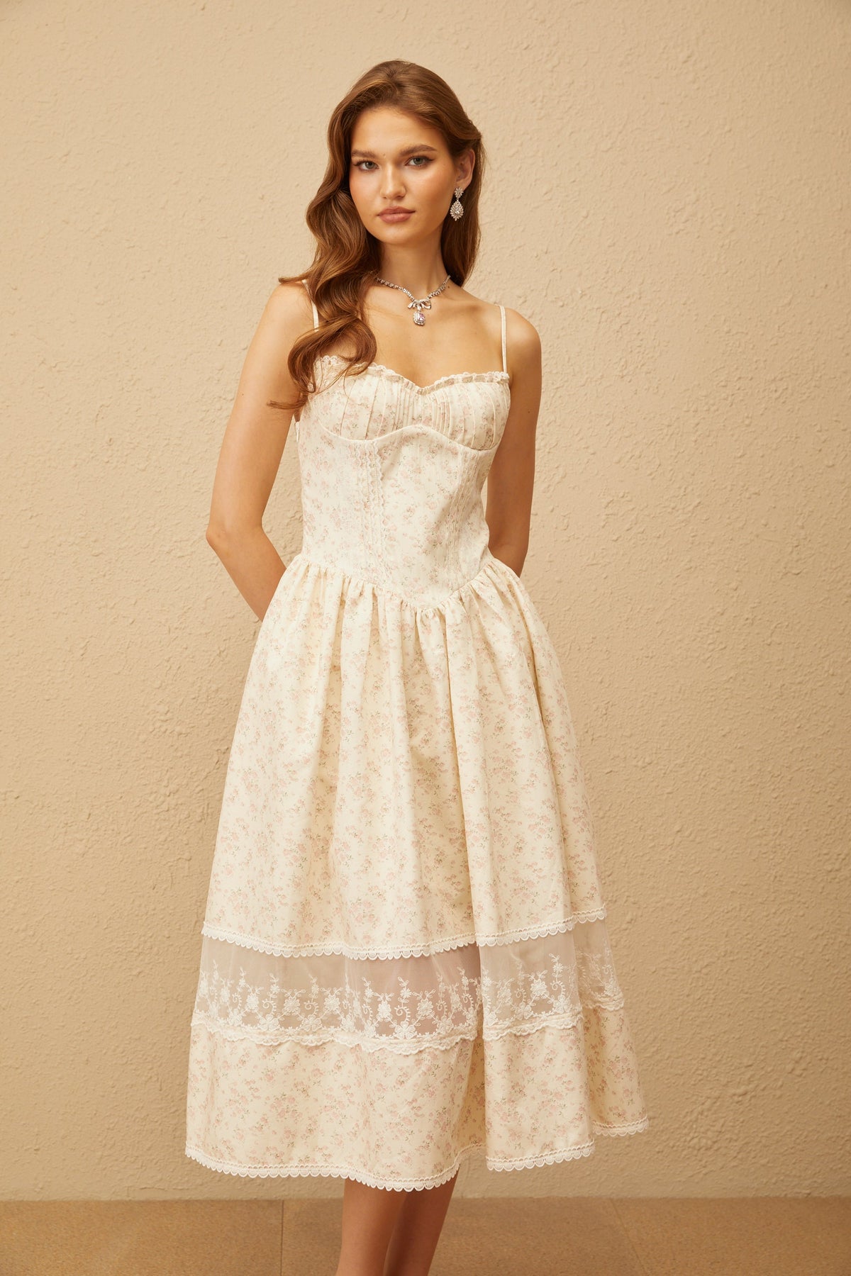 Caroline Neutral Lace Trim Floral Midi Dress