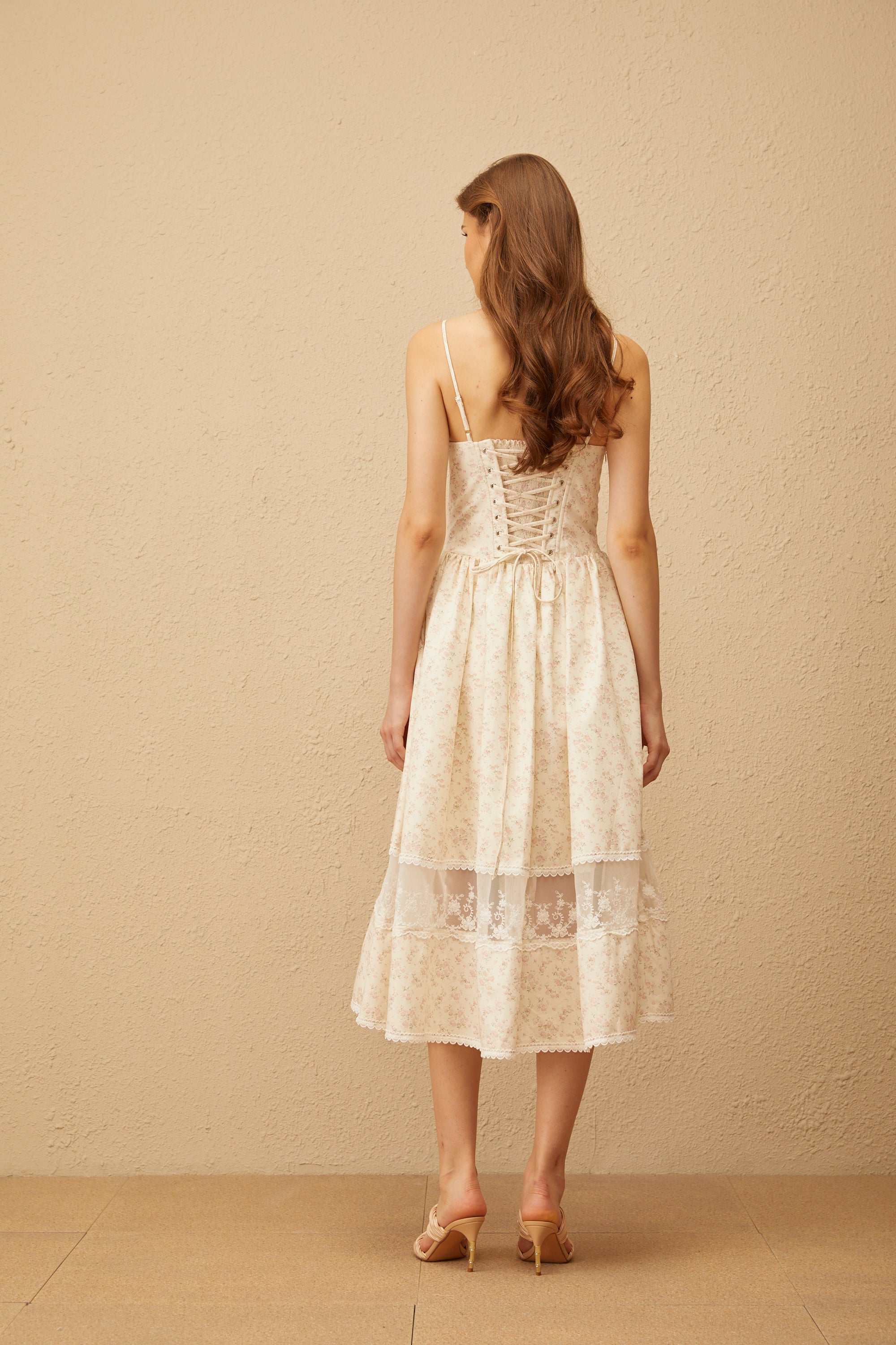 Caroline Neutral Lace Trim Floral Midi Dress