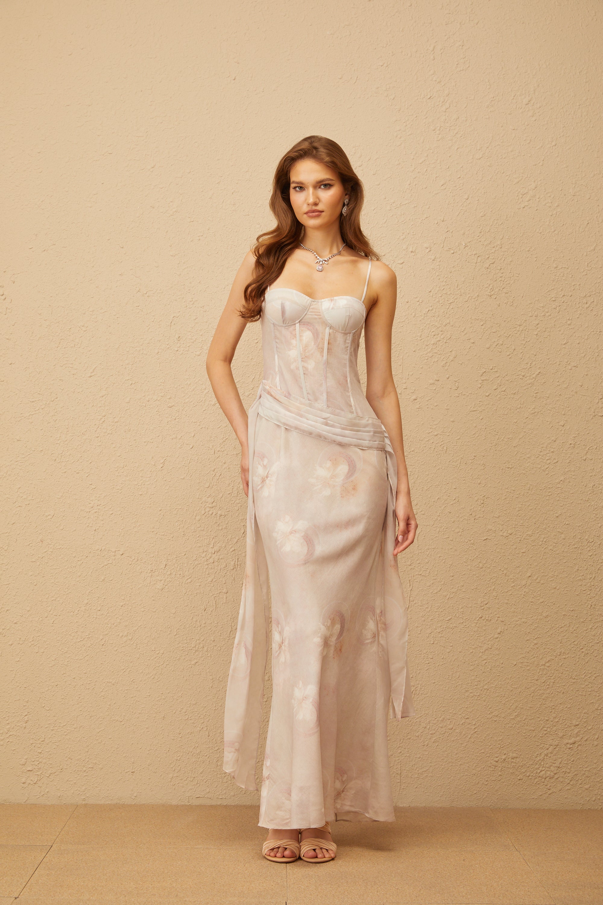 Emeline Grey Floral Print Corset Maxi Dress