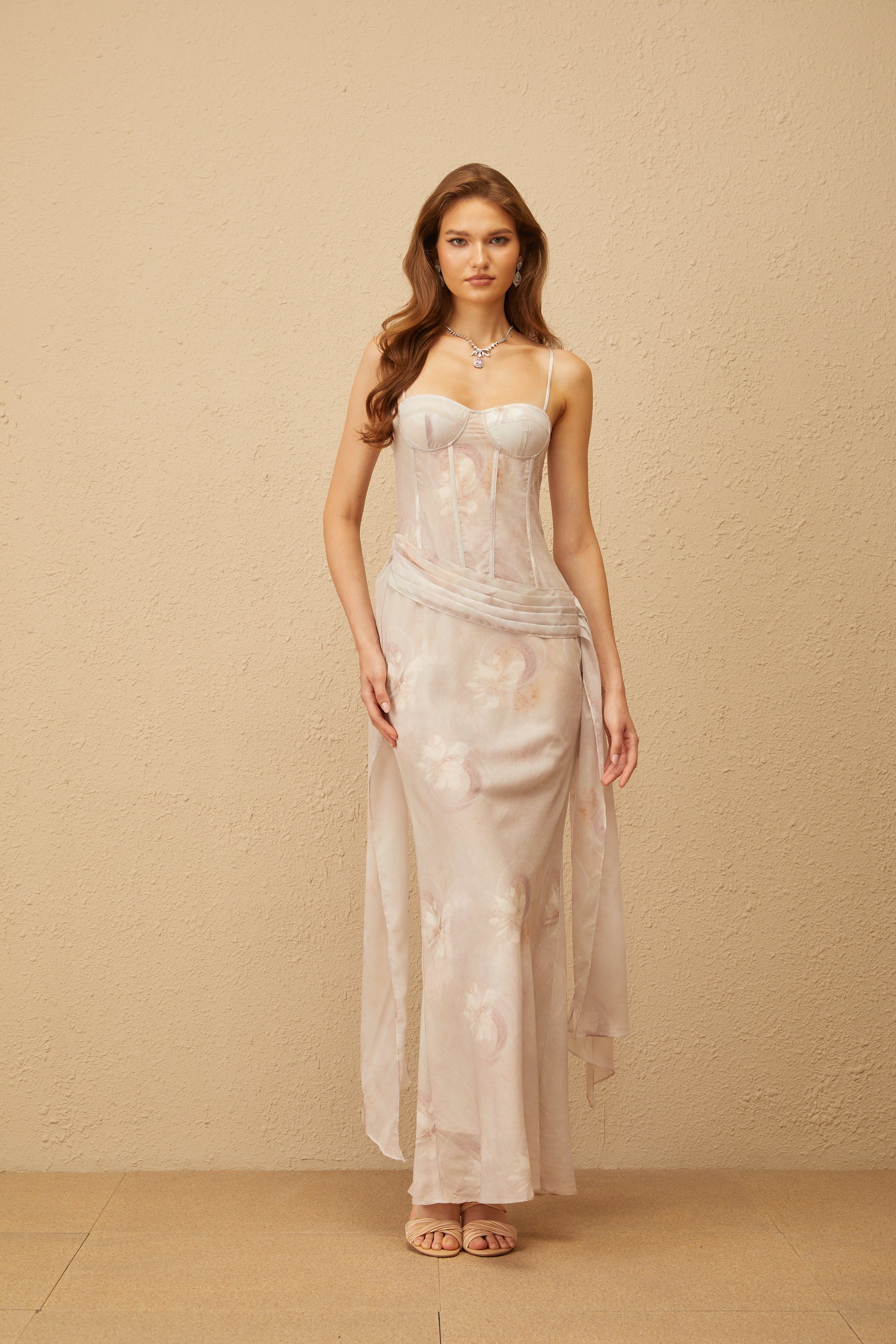 Emeline Grey Floral Print Corset Maxi Dress